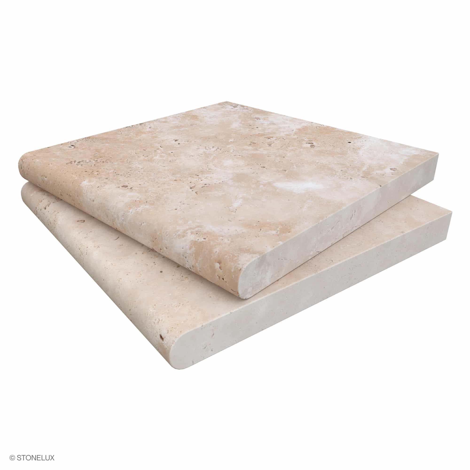 Ivory Travertine Tumbled 12x12x3cm Single Bullnose Coping by STONELUX, showcasing a smooth, tumbled finish with natural beige tones and subtle veining. Ideal for pool edges or outdoor steps, this premium travertine coping adds elegance to hardscape pro...