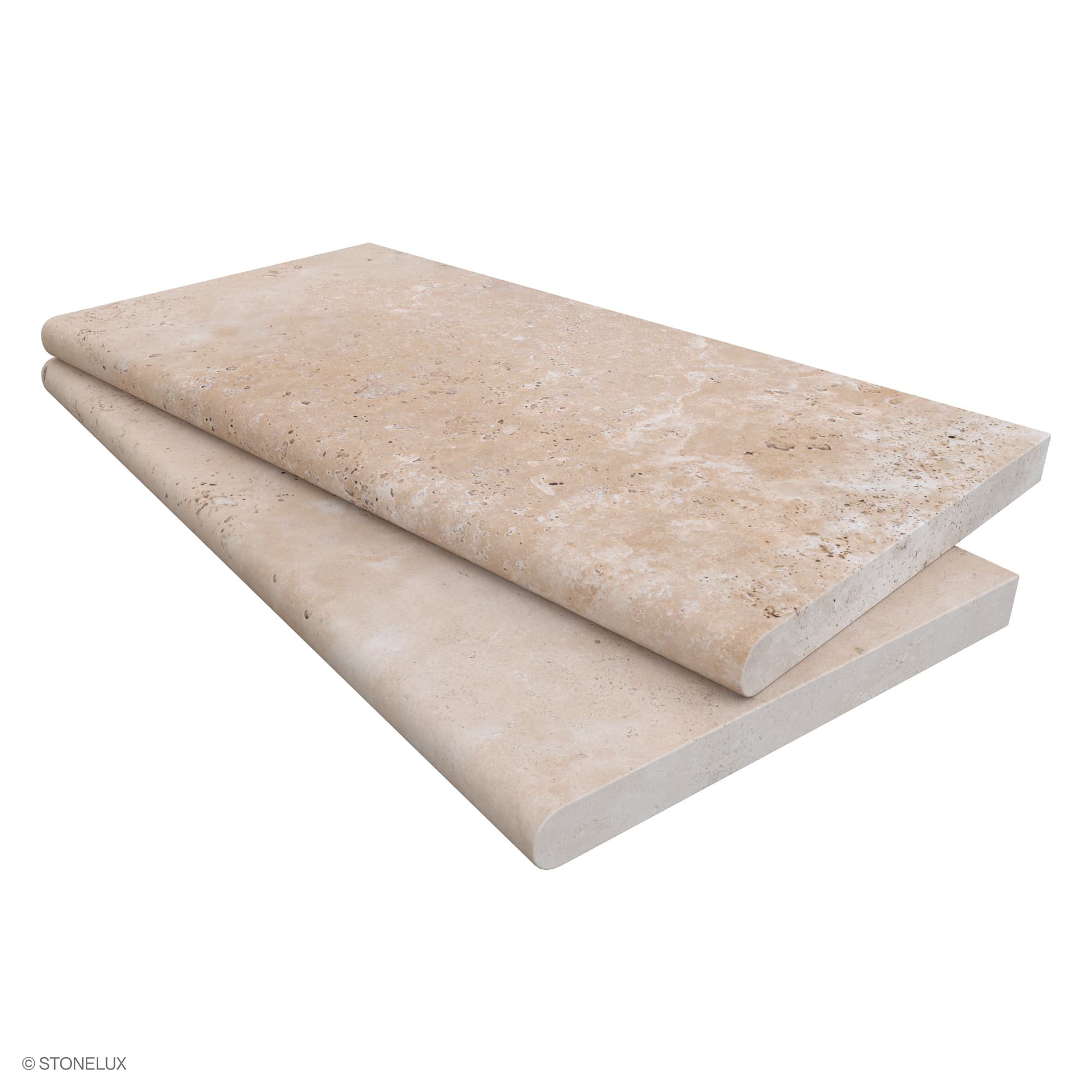 Ivory Travertine Tumbled 12x24x3cm Single Bullnose Coping by STONELUX features a smooth, tumbled finish with natural beige tones and subtle veining. Ideal for pool edges or steps, this premium travertine piece adds elegance and durability to outdoor sp...