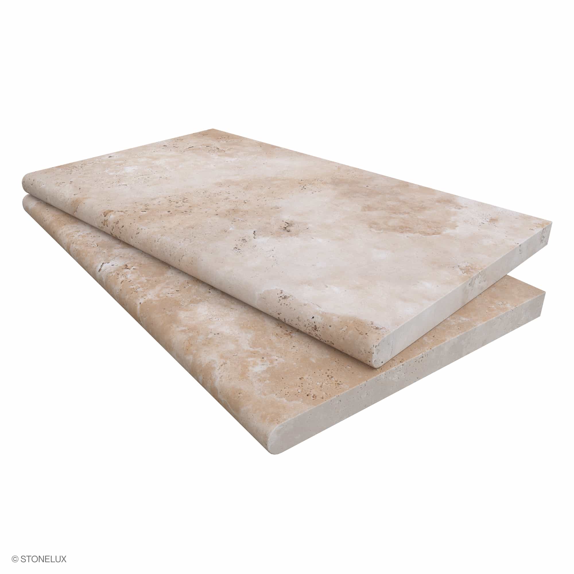 Ivory Travertine Tumbled 14x24x3cm Single Bullnose Coping - Premium. This travertine coping features a tumbled finish, showcasing natural beige tones and subtle veining. Ideal for pool edges or wall caps, it measures 14x24 inches with a 3cm thickness.