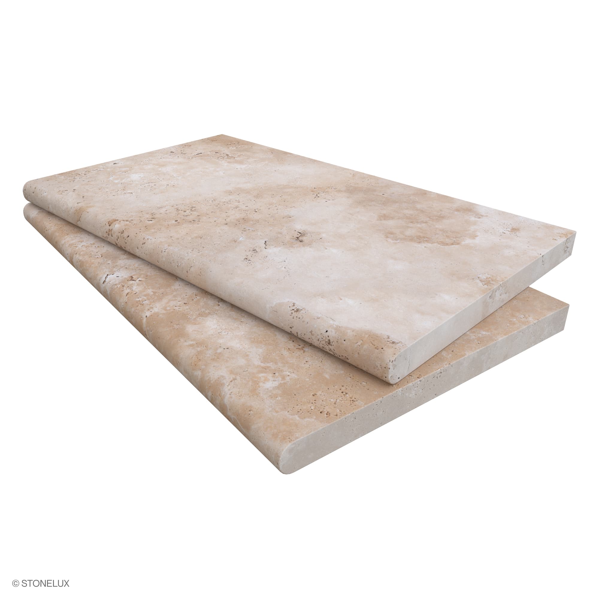 Ivory Travertine Tumbled 14x24x3cm Single Bullnose Coping - Premium. This travertine coping features a tumbled finish, showcasing natural beige tones and subtle veining. Ideal for pool edges or wall caps, it measures 14x24 inches with a 3cm thickness.