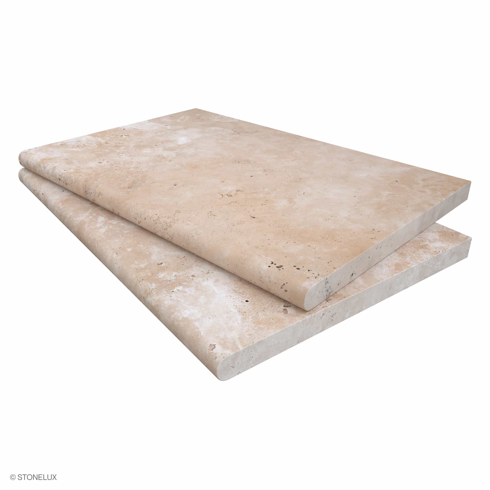 Close-up of the Ivory Travertine Tumbled 16x24x3cm Single Bullnose Coping by STONELUX. Featuring a tumbled finish, the travertine showcases natural beige tones with subtle veining. Ideal for pool edges and steps, offering a premium, elegant look.