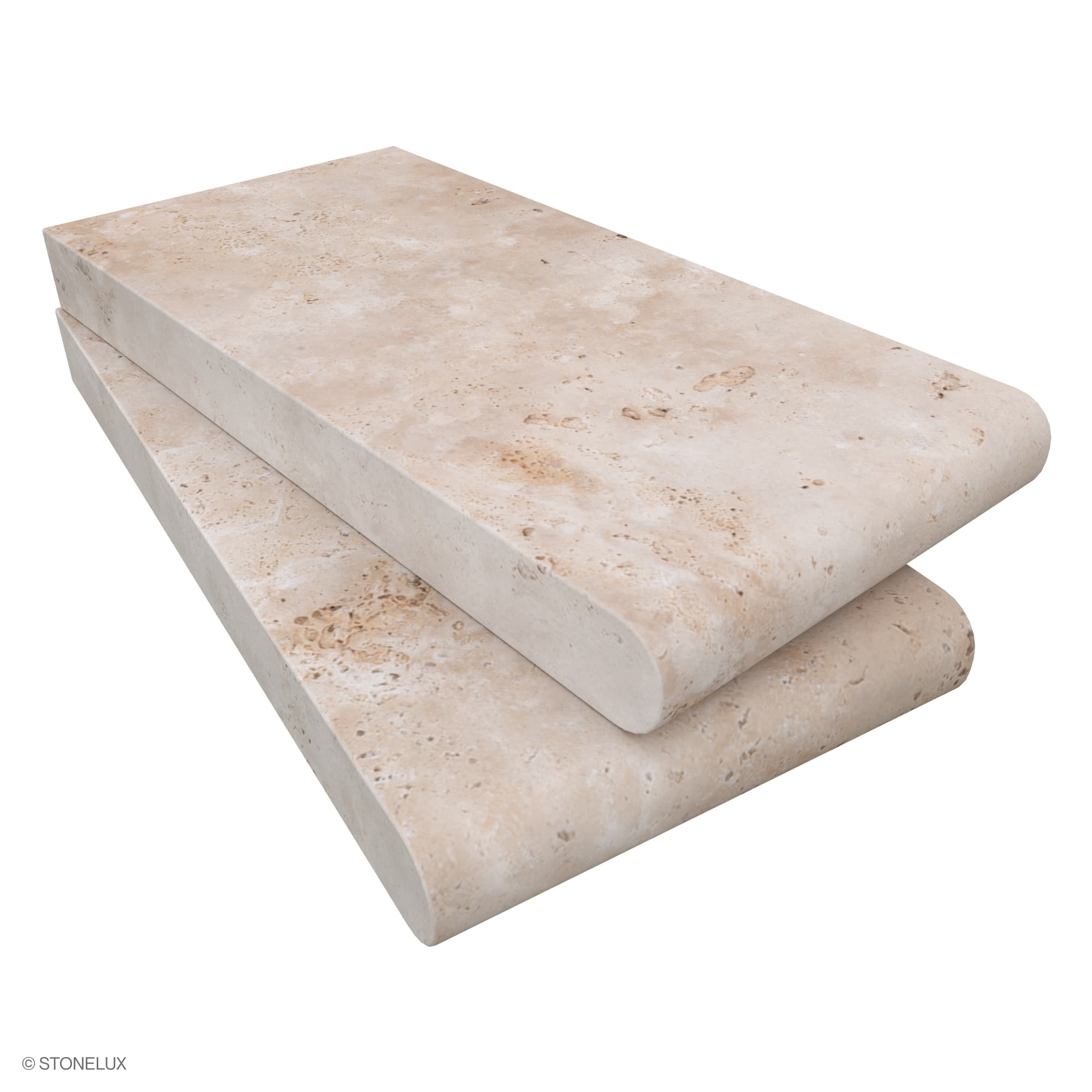 Close-up of STONELUX Ivory Travertine Tumbled 6x12x3cm Single Bullnose Coping, showcasing its smooth, rounded edge and natural beige tones with characteristic pitting. Ideal for pool coping or step edges, this premium travertine offers a classic, elega...