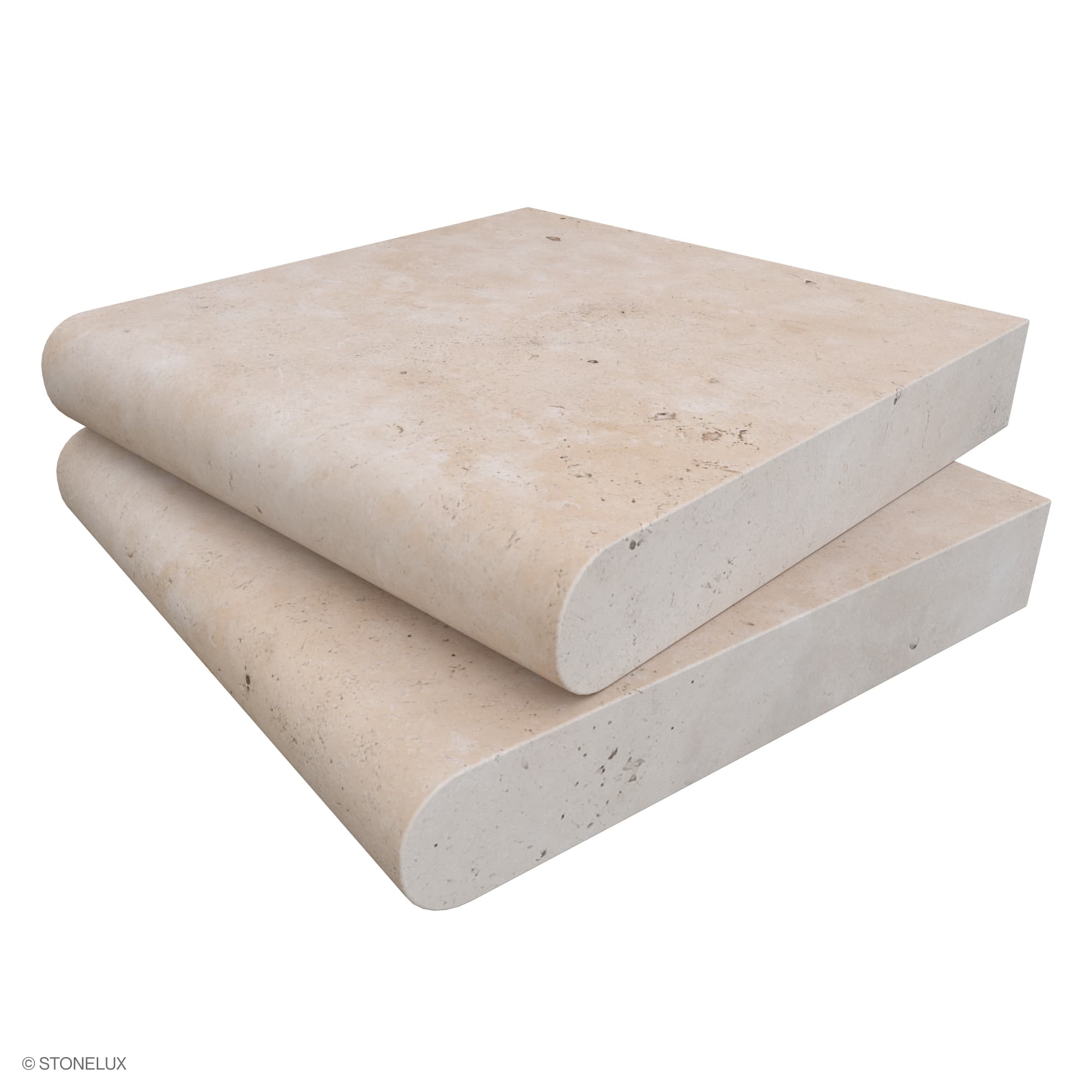 Close-up of STONELUX Ivory Travertine Tumbled 12x12x2 Single Bullnose Coping. The premium travertine features a soft, creamy color with natural veining and a tumbled finish, ideal for pool edges and steps. Durable 2-inch thickness with a smooth bullnos...