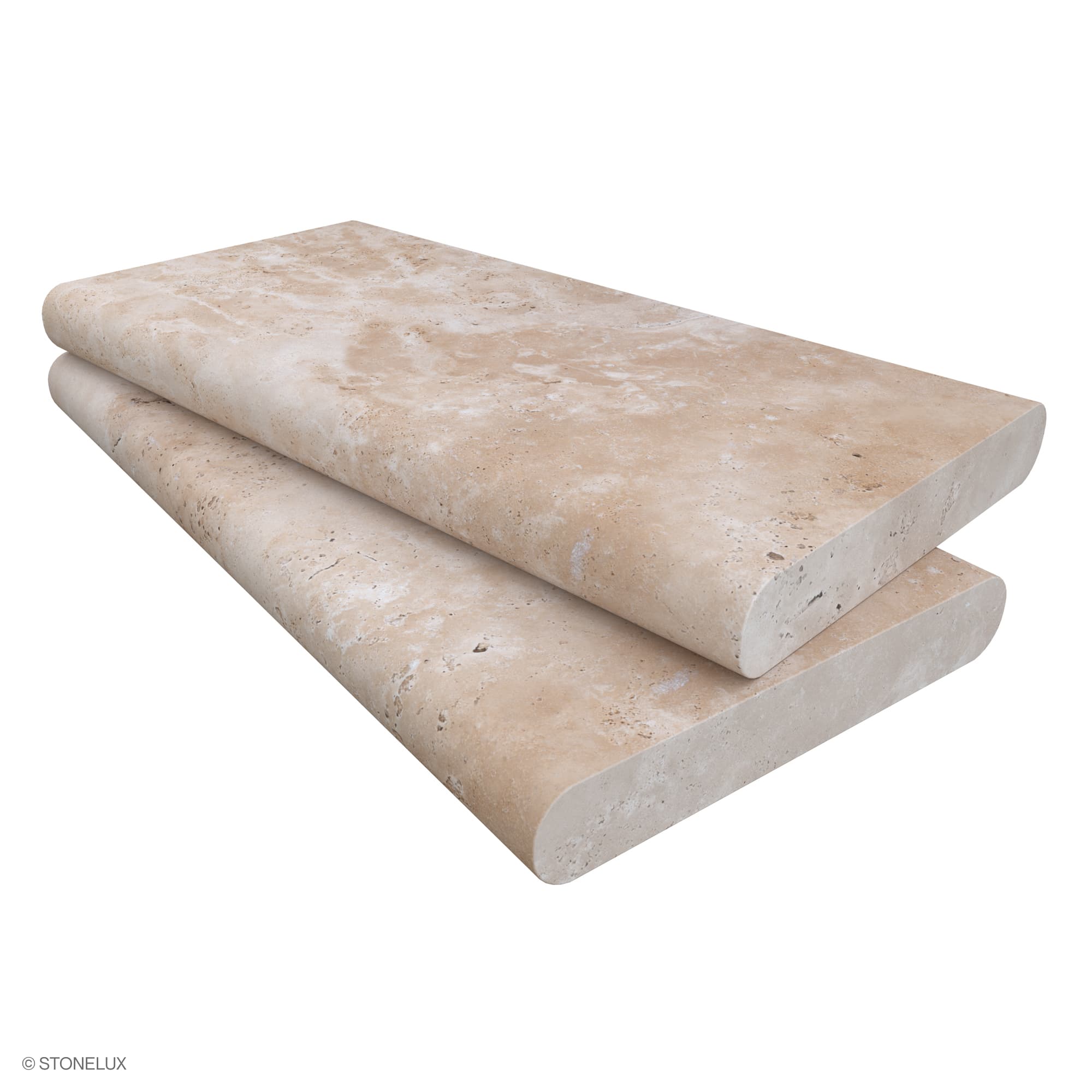 Close-up of Ivory Travertine Tumbled 12x24x2 Double Bullnose Coping from STONELUX. The premium travertine features a tumbled finish with a smooth, rounded double bullnose profile, showcasing subtle beige tones and natural stone texture, ideal for pool ...