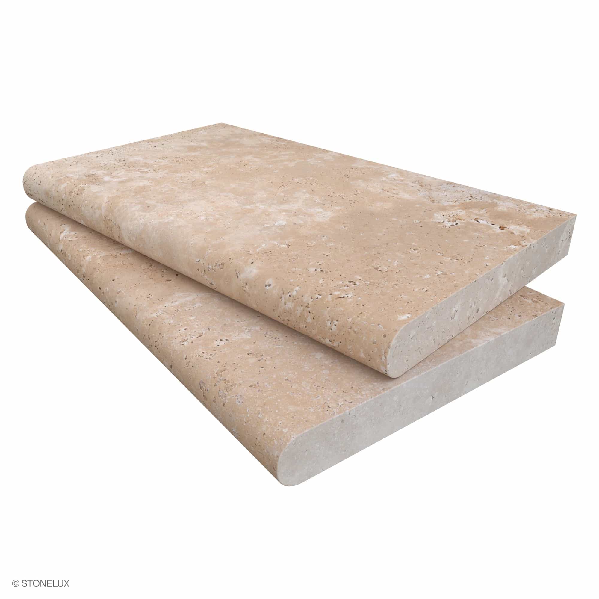 Ivory Travertine Tumbled 14x24x2 Single Bullnose Coping by STONELUX, showcasing a premium travertine finish. The tumbled texture and warm ivory tones highlight its natural elegance, ideal for pool edges or steps. Size: 14x24 inches, 2-inch thickness.