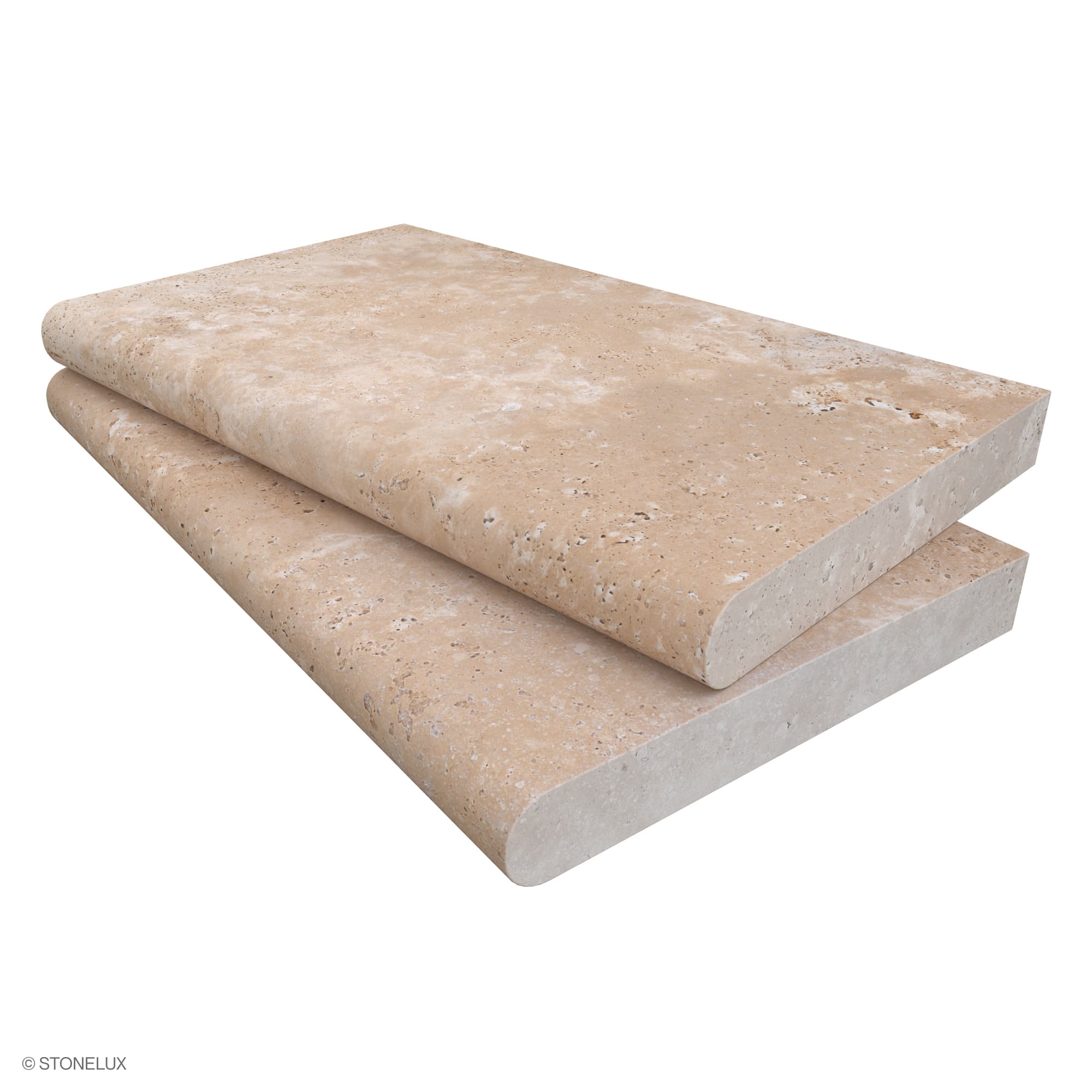 Ivory Travertine Tumbled 14x24x2 Single Bullnose Coping by STONELUX, showcasing a premium travertine finish. The tumbled texture and warm ivory tones highlight its natural elegance, ideal for pool edges or steps. Size: 14x24 inches, 2-inch thickness.