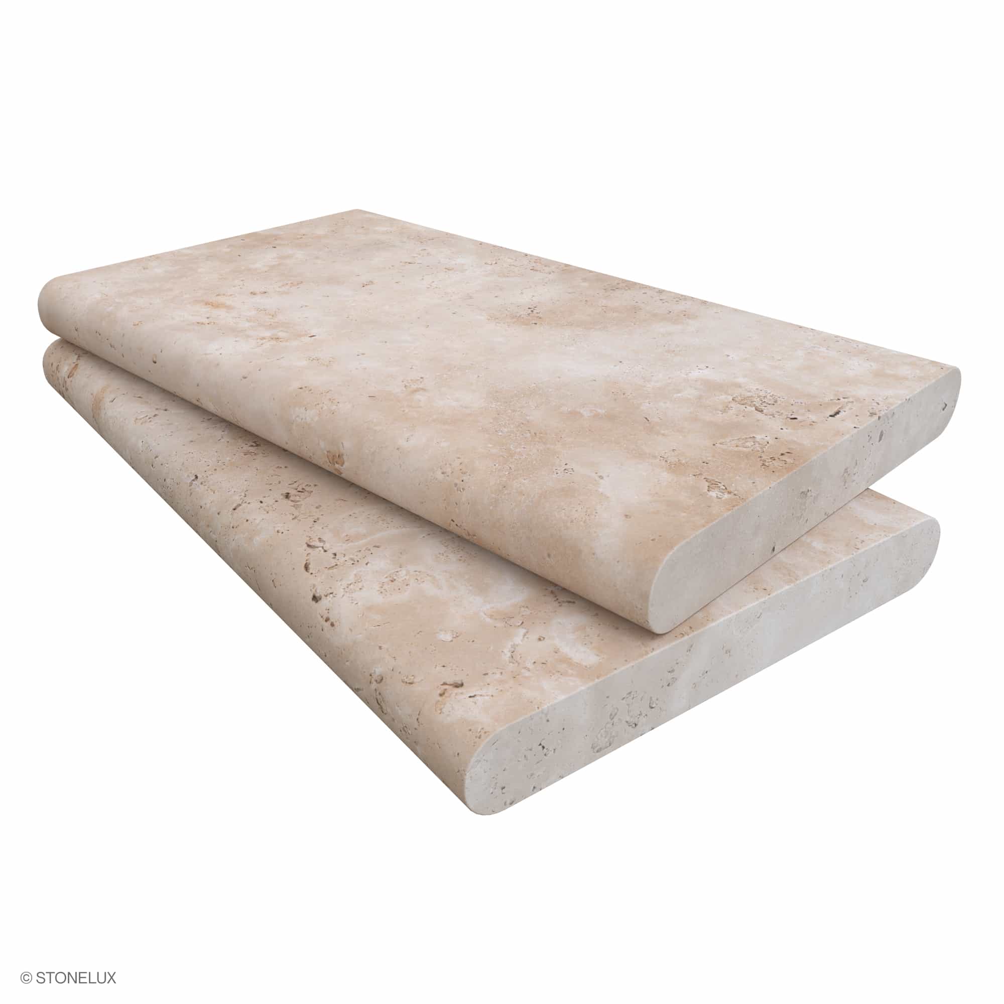 Ivory Travertine Tumbled 14x24x2 Double Bullnose Coping by STONELUX, showcasing premium travertine with a soft tumbled finish. Features natural beige tones and subtle veining, ideal for pool edges and wall caps. Size: 14x24 inches, 2" thick, SKU: COP-I...