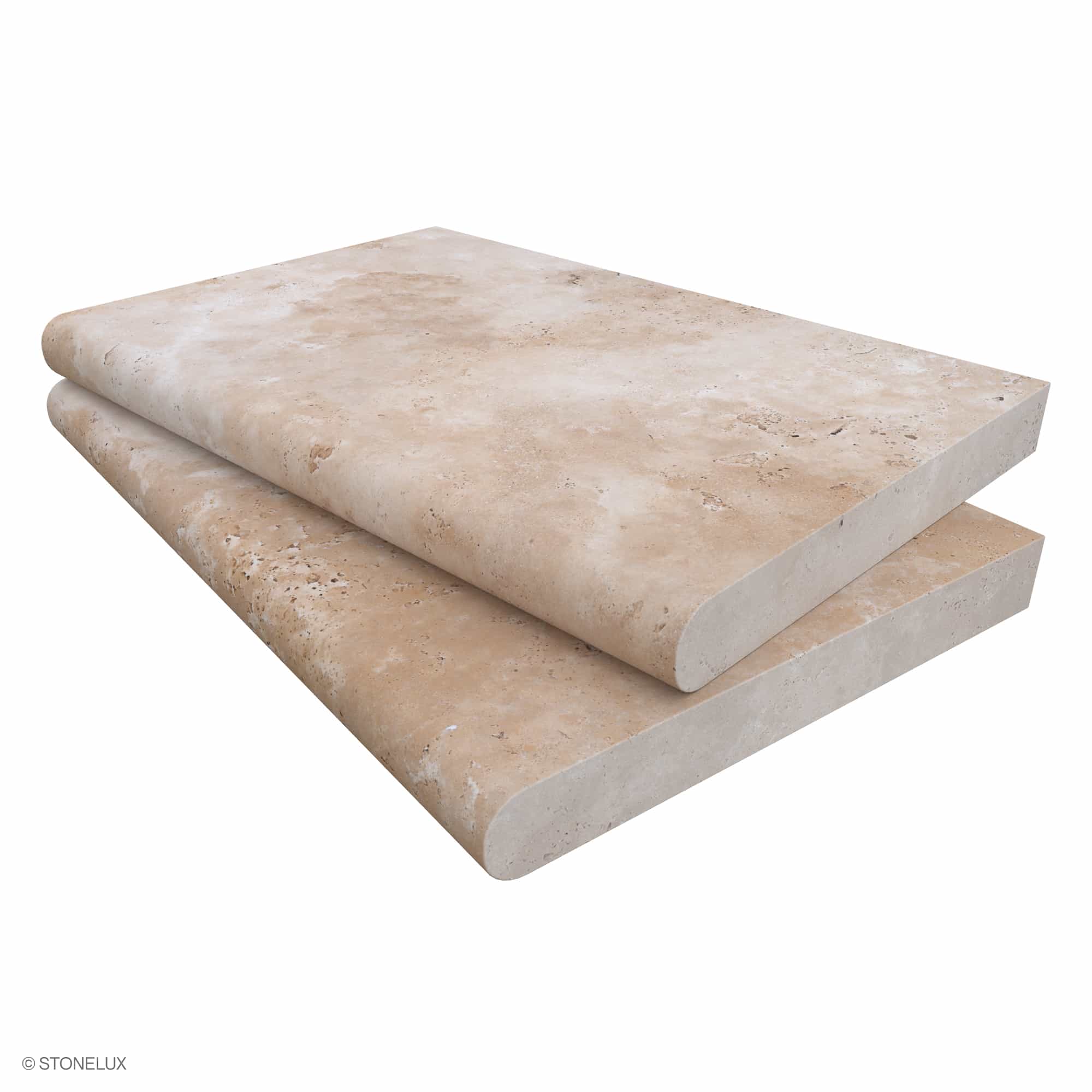 Ivory Travertine Tumbled 16x24x2 Single Bullnose Coping by STONELUX shown close-up. Features a smooth, tumbled finish with natural beige hues and subtle veining, ideal for pool edges and steps. Premium travertine with a 2-inch thickness for durability.
