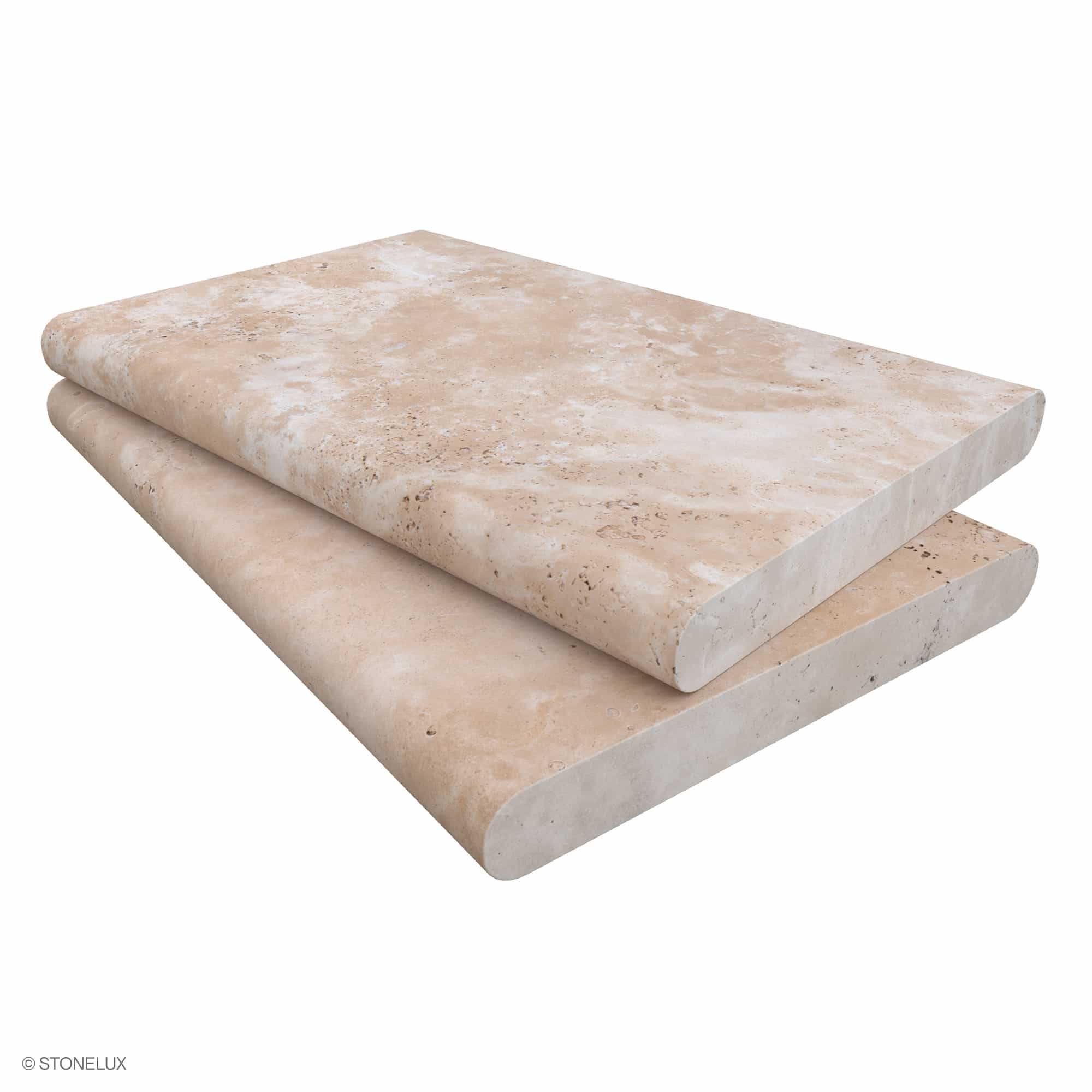 Close-up of Ivory Travertine Tumbled 16x24x2 Double Bullnose Coping by STONELUX, showcasing its smooth, tumbled finish with soft beige tones and natural veining. Ideal for pool edges or steps, this premium travertine provides a stylish, durable edge so...
