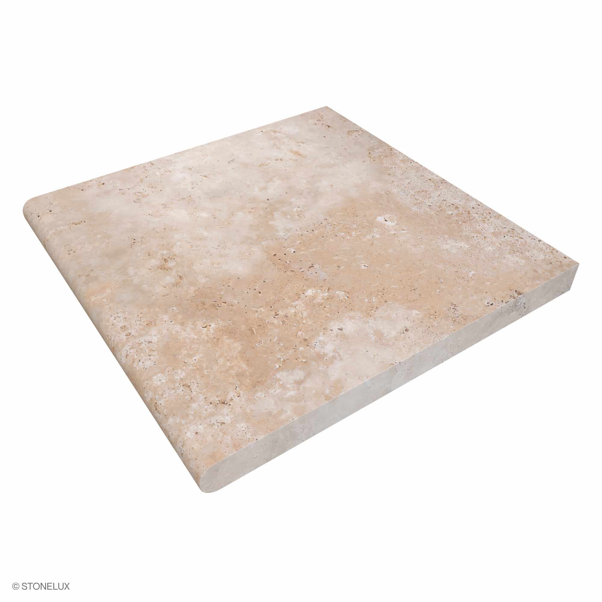 Ivory Travertine Tumbled 24x24x2 Single Bullnose Coping showcased in a close-up, highlighting its natural beige tones and textured surface. Perfect for pool edges and wall caps, this premium travertine piece offers a sophisticated, durable finish for o...