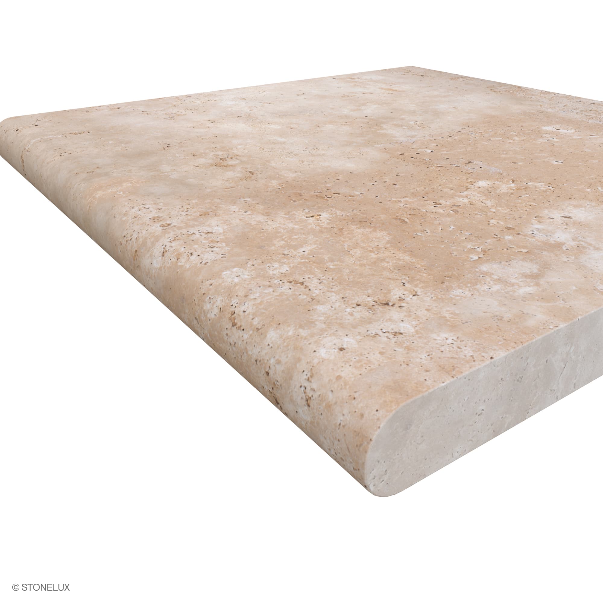 Close-up of Stonelux Ivory Travertine Tumbled 24x24x2 Single Bullnose Coping, showcasing its smooth, tumbled finish and natural beige tones. The bullnose edge adds elegance, ideal for pool edges and steps, highlighting the premium travertine's texture ...