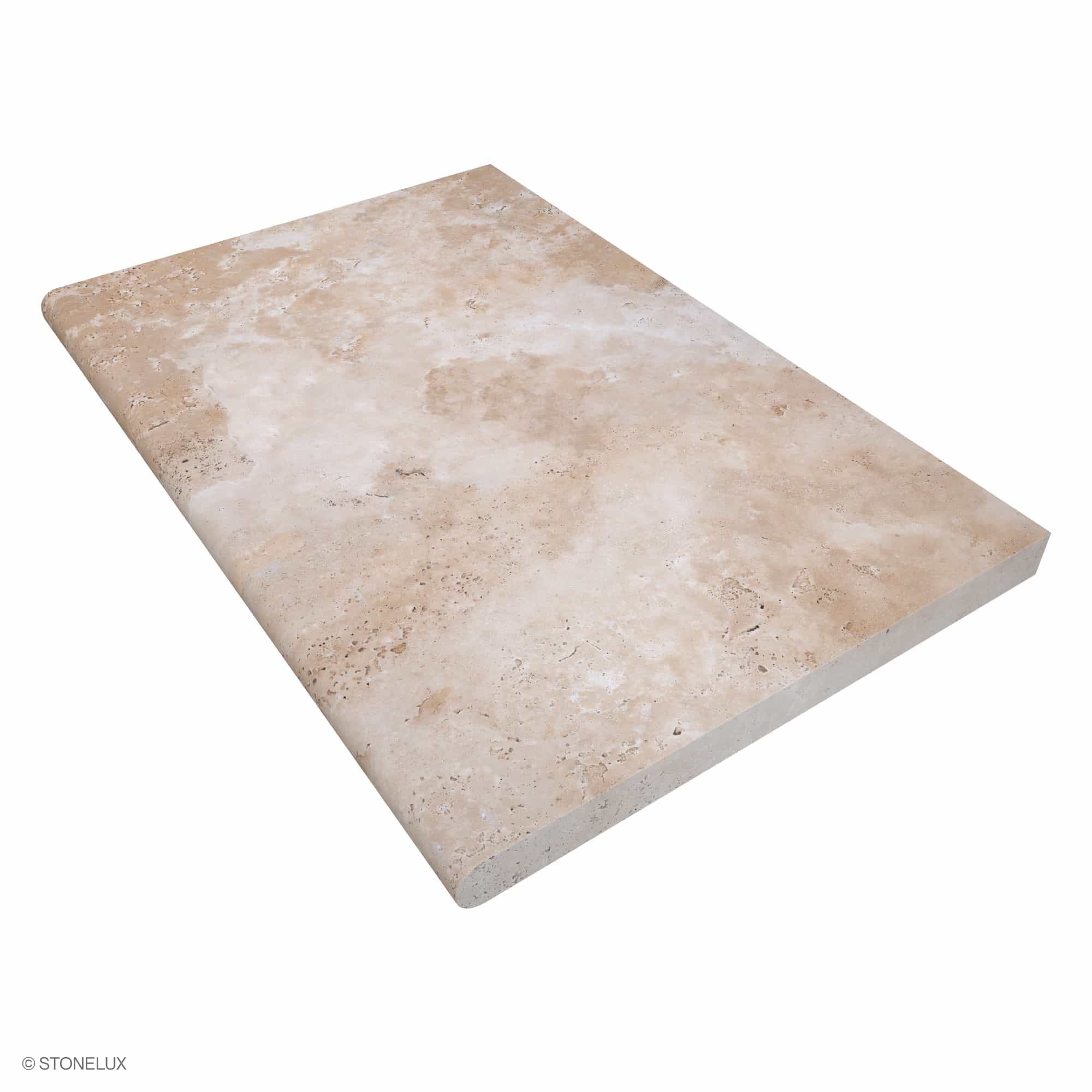Ivory Travertine Tumbled 24x36x2 Single Bullnose Coping by STONELUX showcases a premium travertine slab with a smooth, tumbled texture and warm beige tones. Ideal for pool edges or wall caps, this 2-inch thick coping adds elegance to outdoor hardscape ...