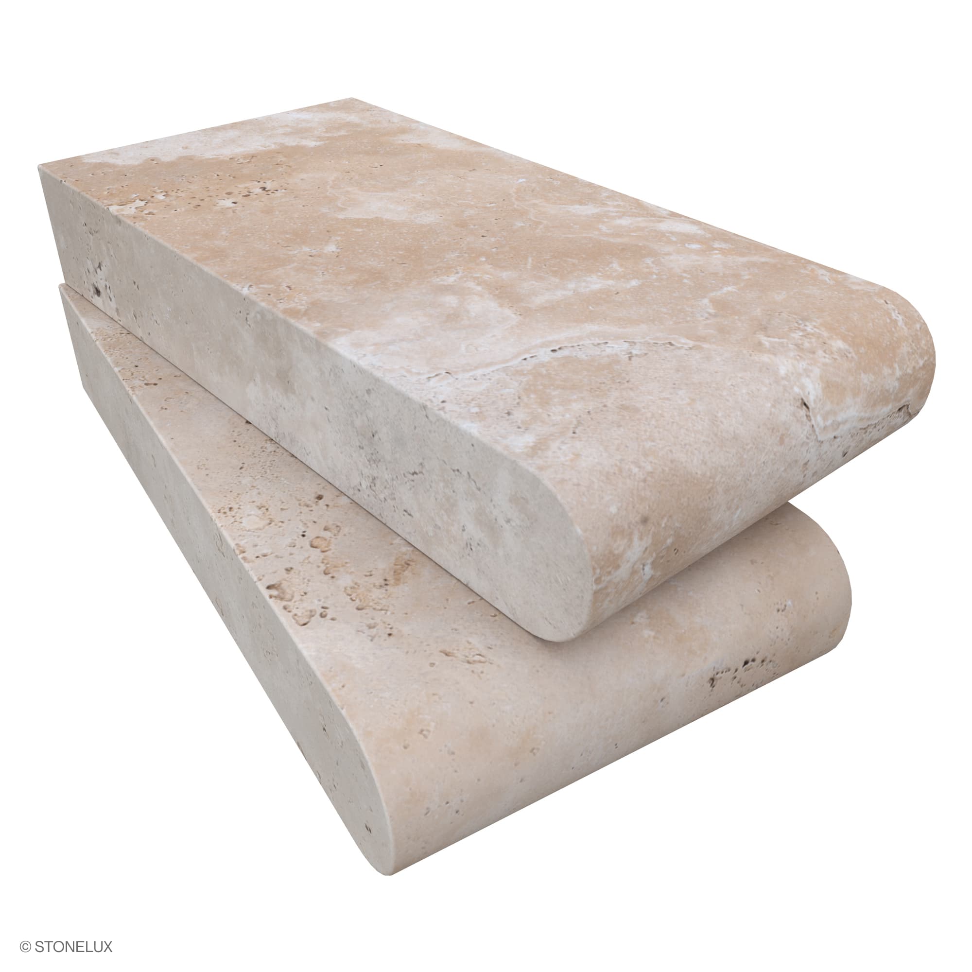 Ivory Travertine Tumbled 6x12x2 Single Bullnose Coping from STONELUX. The premium travertine features a smooth, tumbled finish with natural beige tones and subtle veining, ideal for pool edges and wall caps. Perfect for elegant hardscape projects.