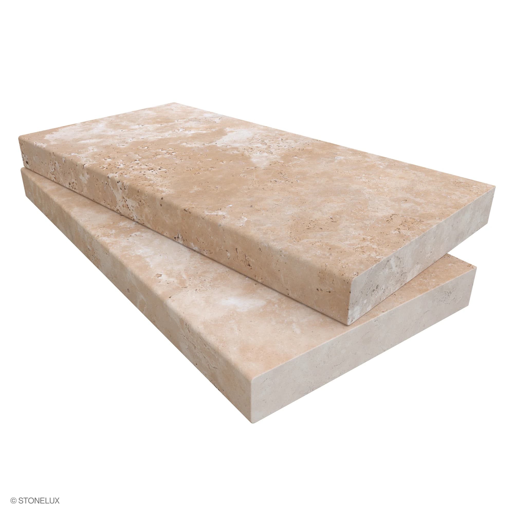 Close-up of STONELUX Ivory Travertine Tumbled 12x24x2 Eased Edge Coping, showcasing its warm beige tones, natural veining, and textured surface. This premium travertine piece is ideal for pool edges, wall caps, or step treads, offering a timeless and e...