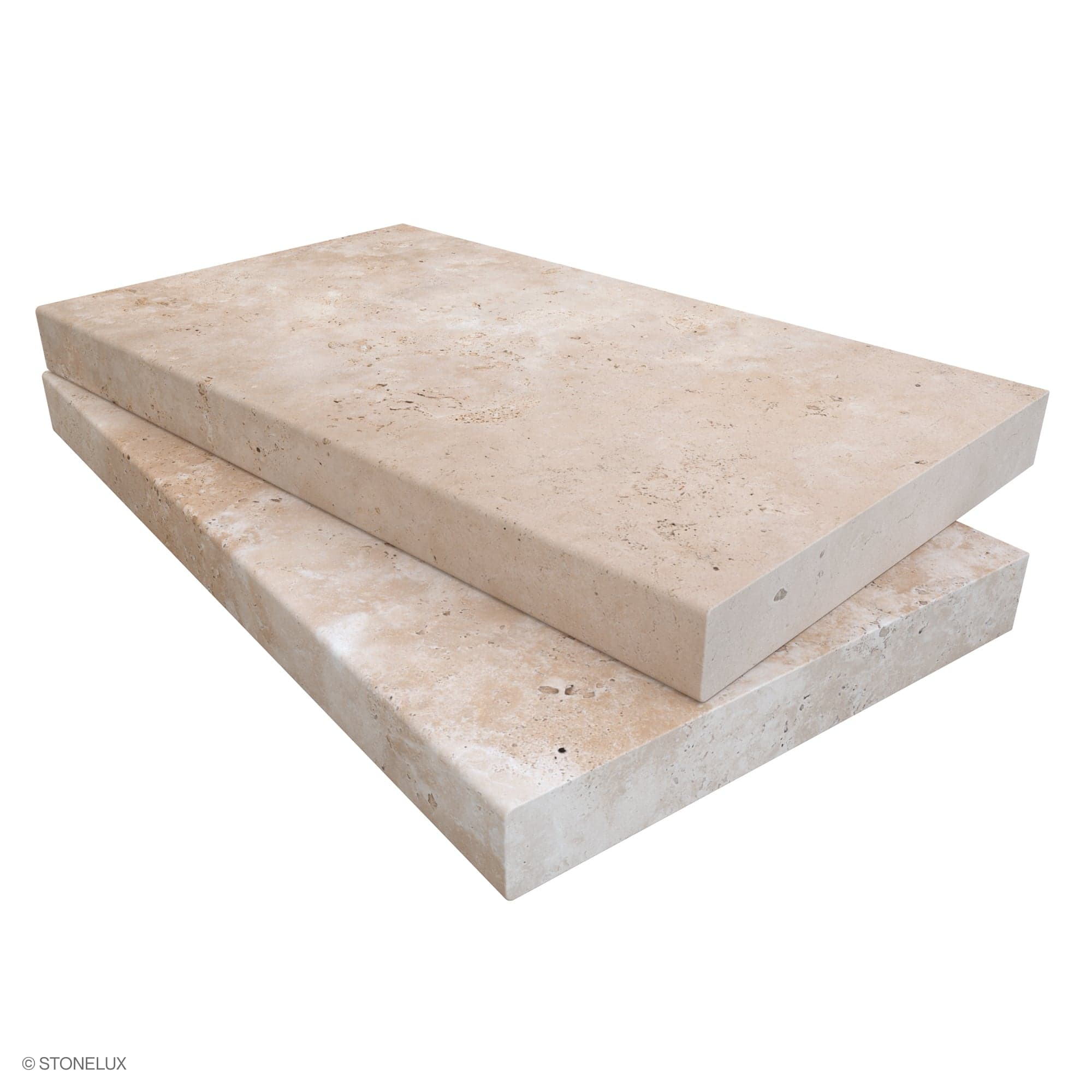 Close-up of two Ivory Travertine Tumbled 14x24x2 Eased Edge Coping pieces by STONELUX. The premium travertine features a natural beige color with subtle veining and a tumbled finish, ideal for pool edges and wall caps. SKU: COP-IVOTRA-T-14x24x2-SE-PREM.