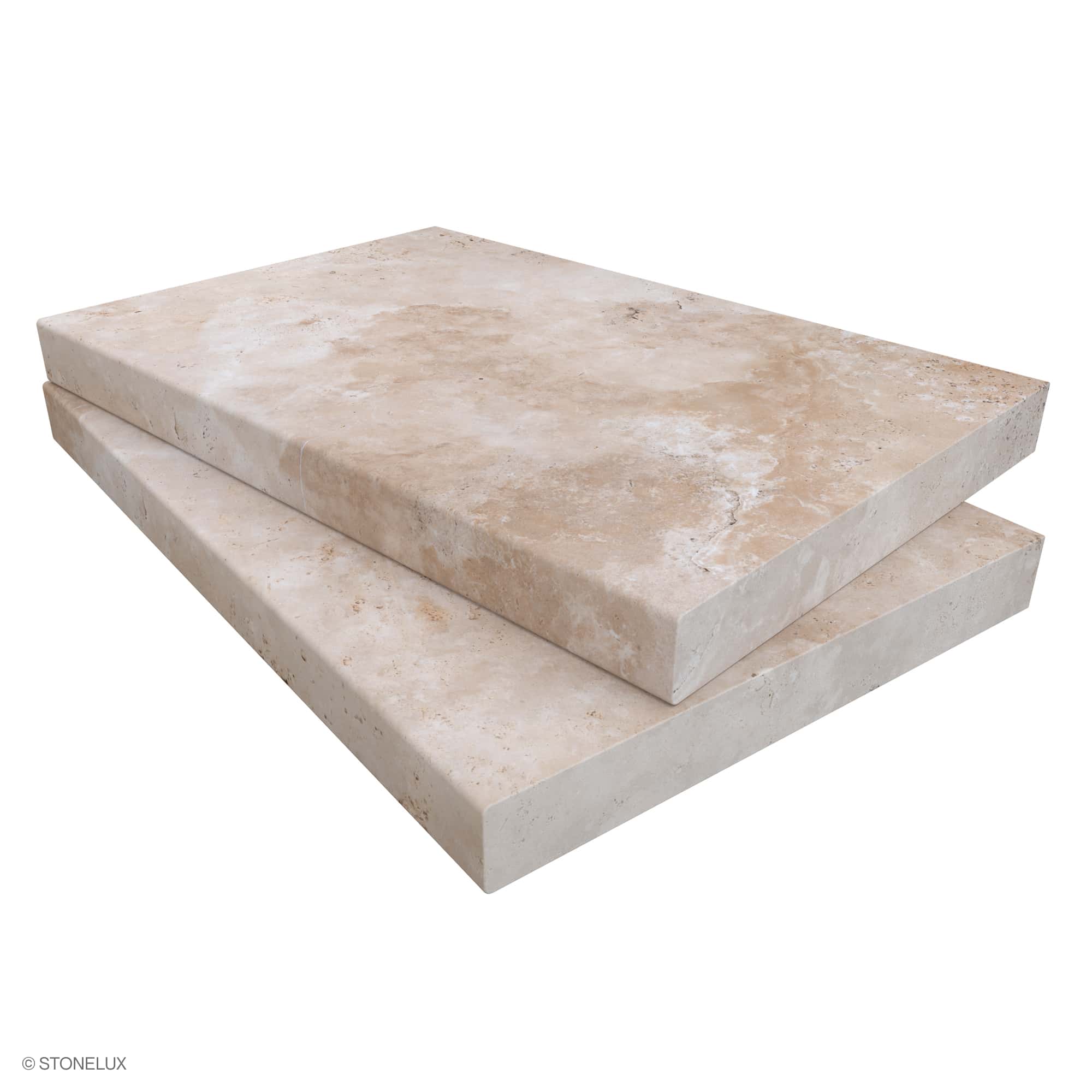 Close-up of Stonelux's Ivory Travertine Tumbled 16x24x2 Eased Edge Coping, showcasing its premium tumbled finish. The travertine's warm ivory tones and natural veining enhance its textured surface, ideal for pool edges and steps in luxury hardscape pro...