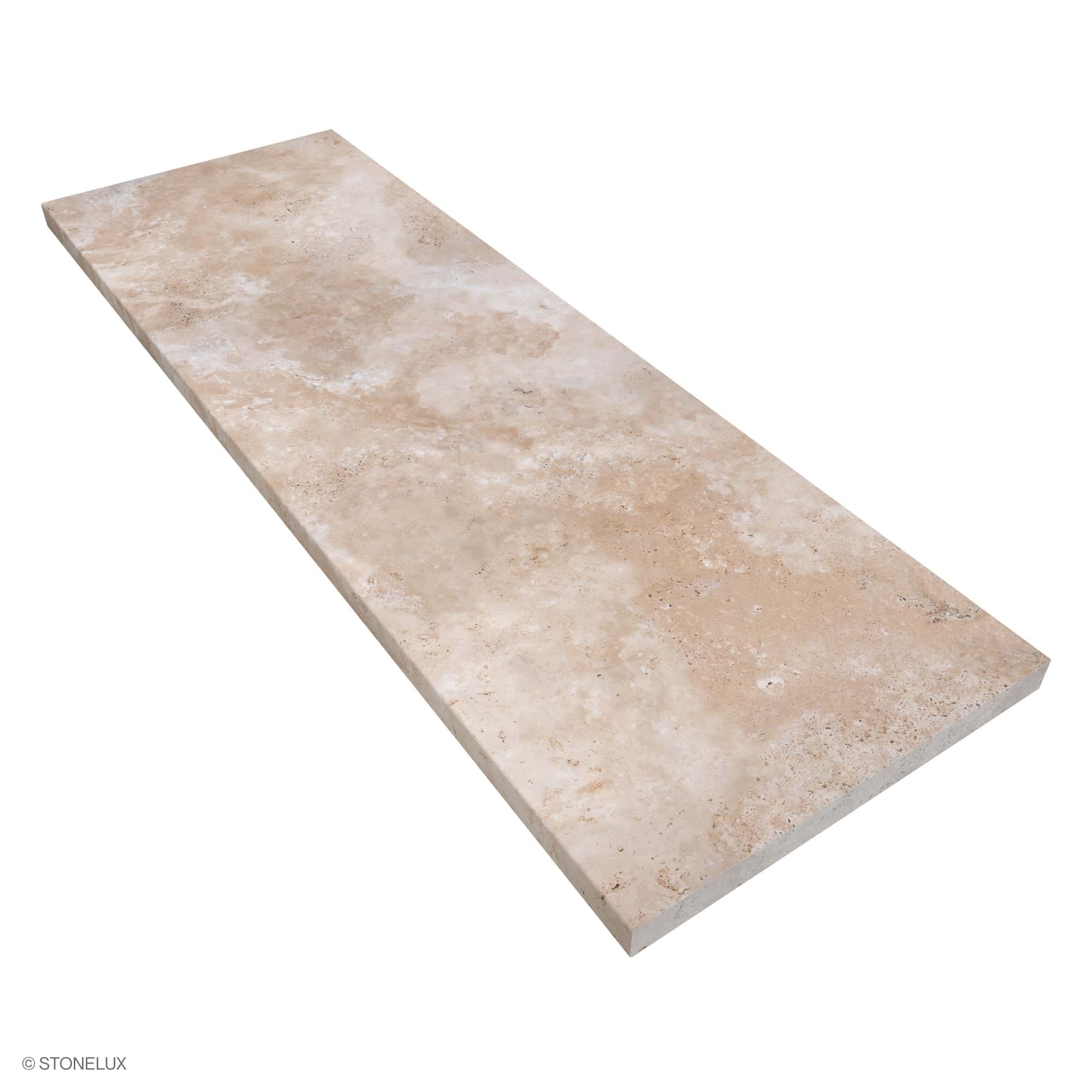 Ivory Travertine Tumbled 24x72x2 Eased Edge Tread - Premium by STONELUX. This close-up showcases its natural beige tones, subtle veining, and textured surface, ideal for pool coping or step treads. The tumbled finish and eased edges offer a classic, el...