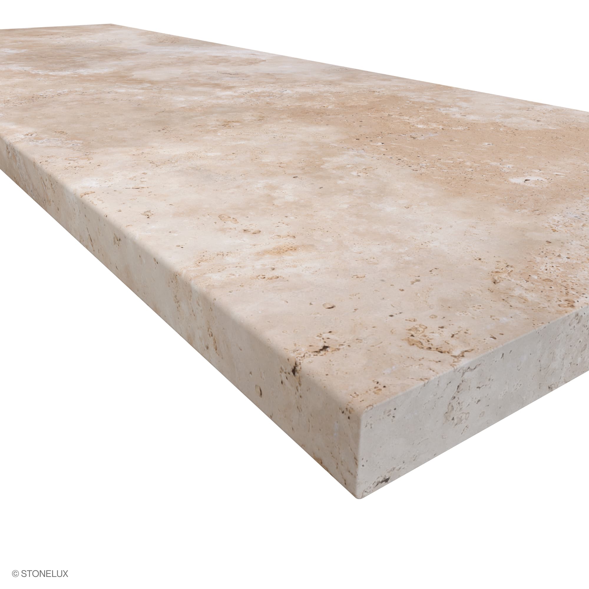Close-up view of Ivory Travertine Tumbled 24x72x2 Eased Edge Tread. The image highlights the tumbled texture and natural cream and beige tones with subtle veining. The eased edge profile and 2-inch thickness are visible, showcasing premium travertine q...