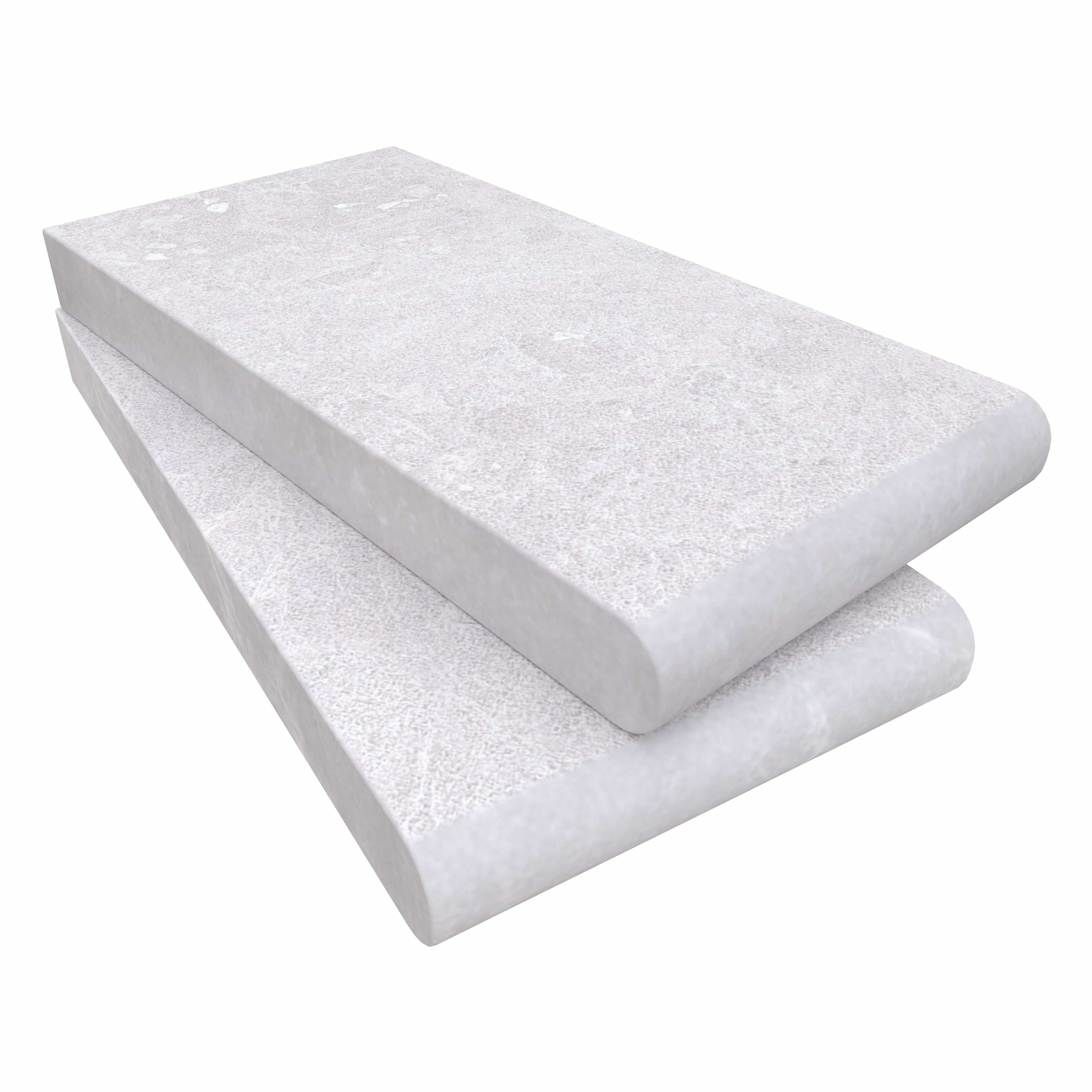 Close-up of Pera Cream Marble Sand Blasted 6x12x3cm Single Bullnose Coping. The marble features a sandblasted finish with subtle cream tones and a smooth, rounded edge, ideal for pool edges and steps. Premium quality from STONELUX.