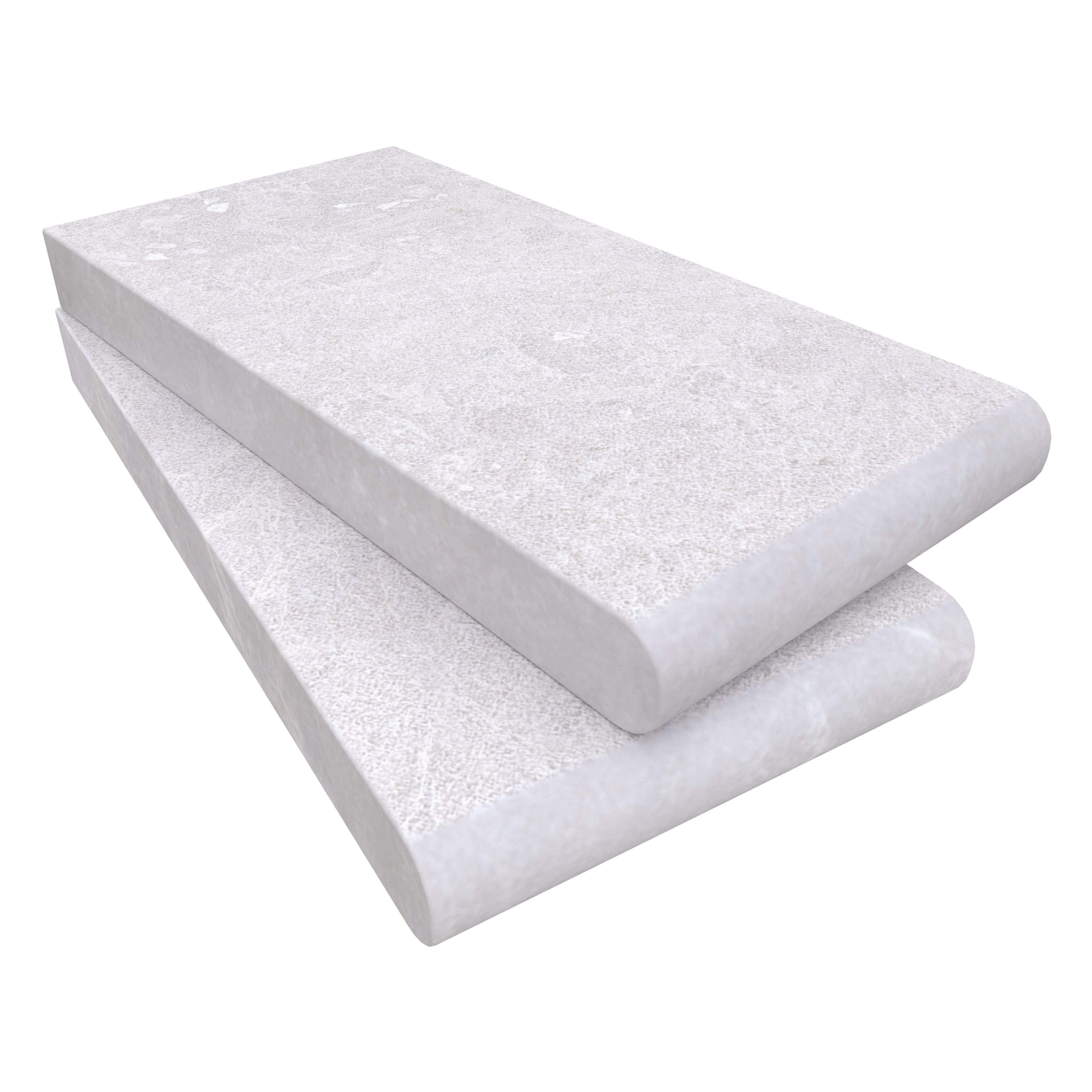 Close-up of Pera Cream Marble Sand Blasted 6x12x3cm Single Bullnose Coping. The marble features a sandblasted finish with subtle cream tones and a smooth, rounded edge, ideal for pool edges and steps. Premium quality from STONELUX.