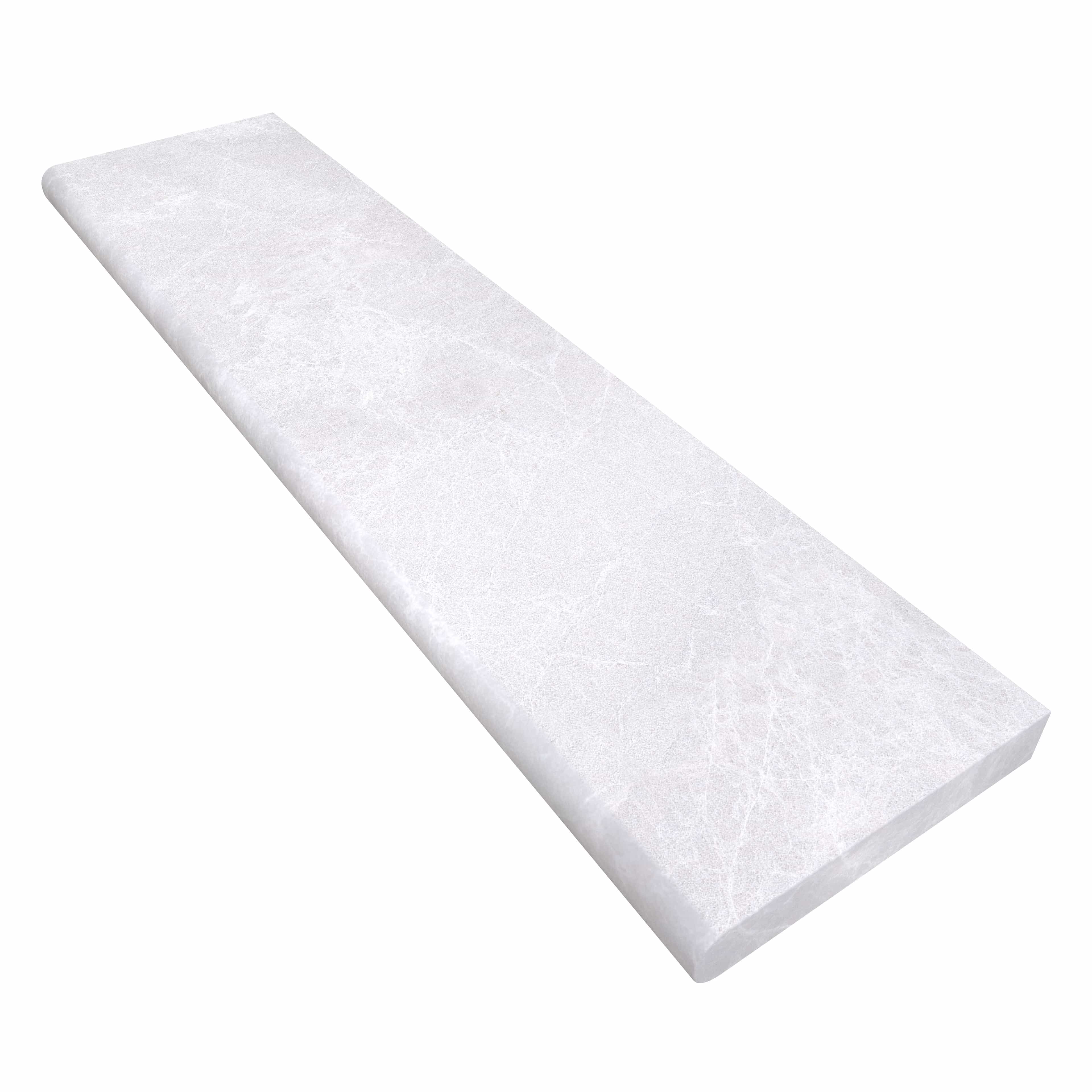 Close-up of the Pera Cream Marble Sand Blasted 12x48x2 Single Bullnose Coping. The marble features a subtle cream tone with a sandblasted texture, highlighting delicate veining. Ideal for pool edges or wall caps, it measures 12x48 inches with a 2-inch ...