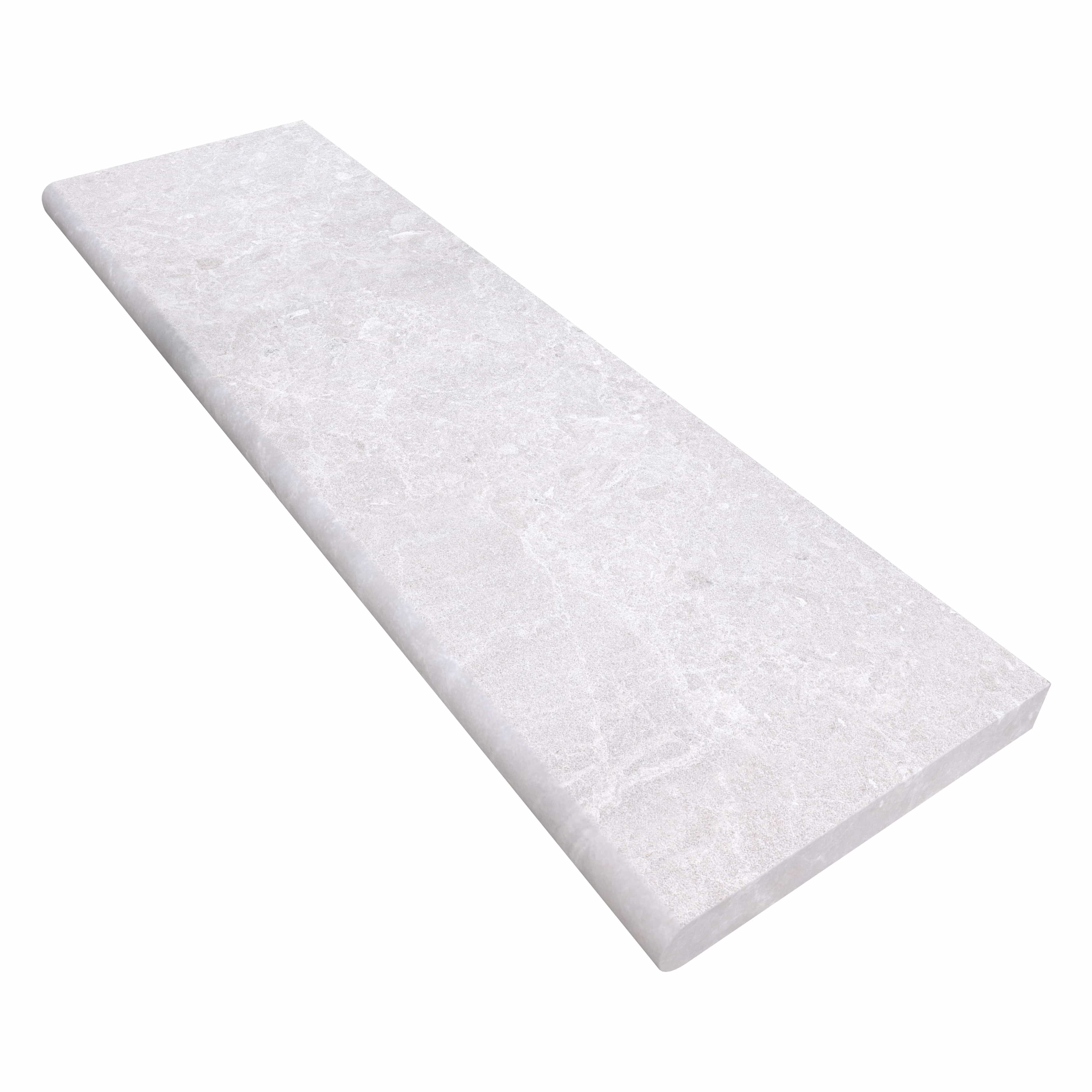 Close-up of the Pera Cream Marble Sand Blasted 14x48x2 Single Bullnose Coping, showcasing its sandblasted texture and soft cream color. Ideal for pool edges or steps, this marble coping offers a sleek finish with its single bullnose profile and durable...
