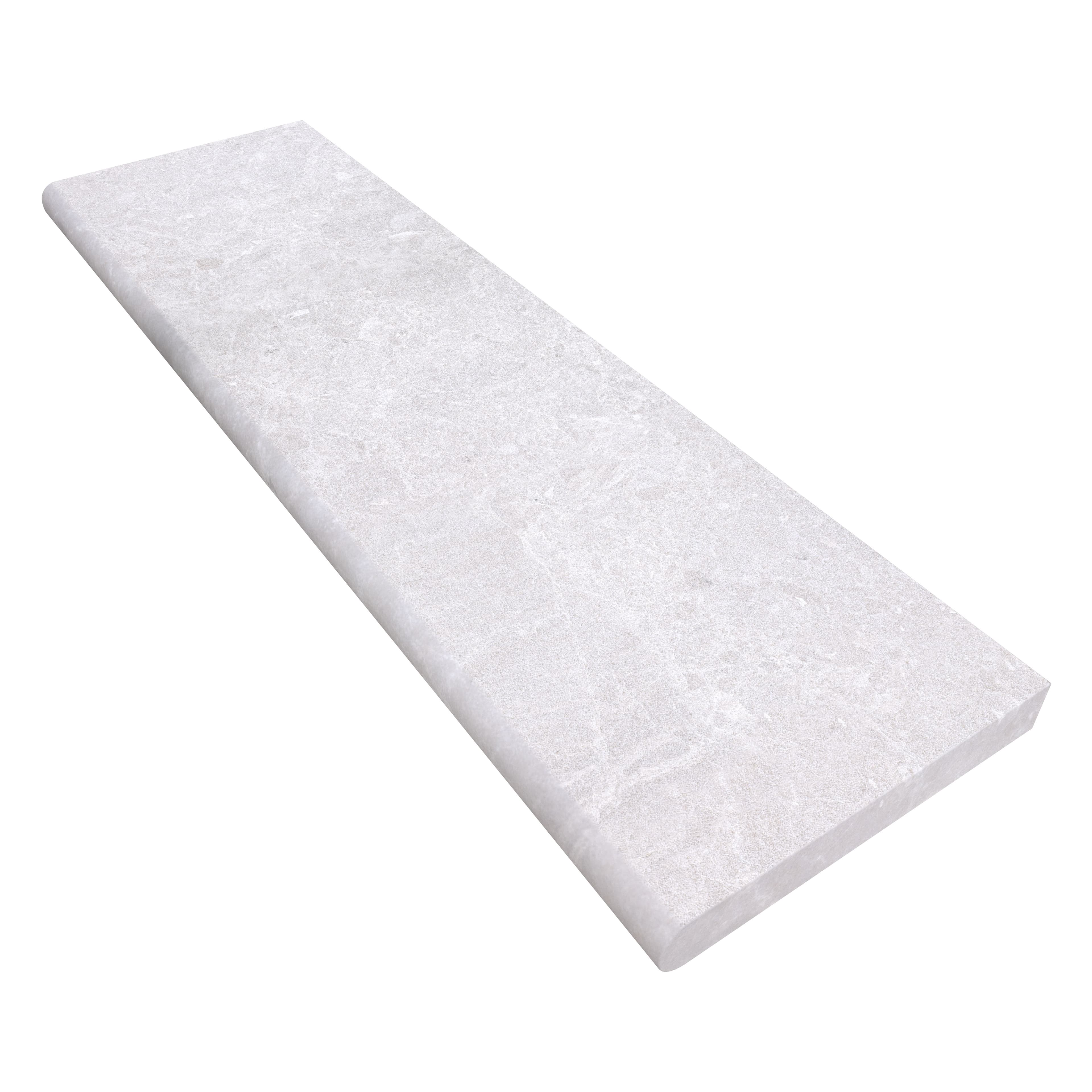 Close-up of the Pera Cream Marble Sand Blasted 14x48x2 Single Bullnose Coping, showcasing its sandblasted texture and soft cream color. Ideal for pool edges or steps, this marble coping offers a sleek finish with its single bullnose profile and durable...