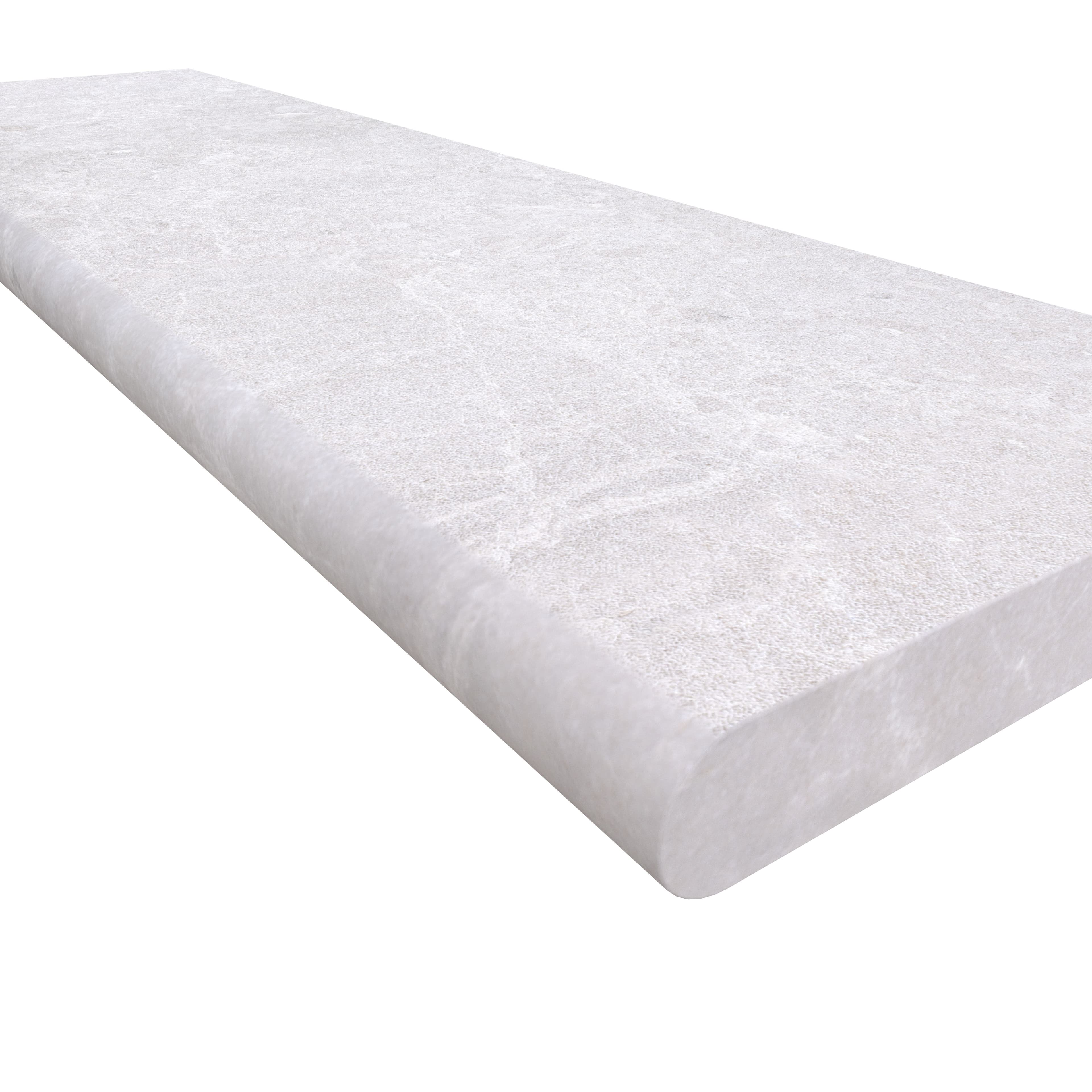 Close-up of Pera Cream Marble Sand Blasted 14x48x2 Single Bullnose Coping. The sandblasted marble surface displays a soft cream hue with subtle veining, highlighting its smooth, rounded edge profile. Ideal for pool edges and wall caps. SKU: COP-PERCREM...