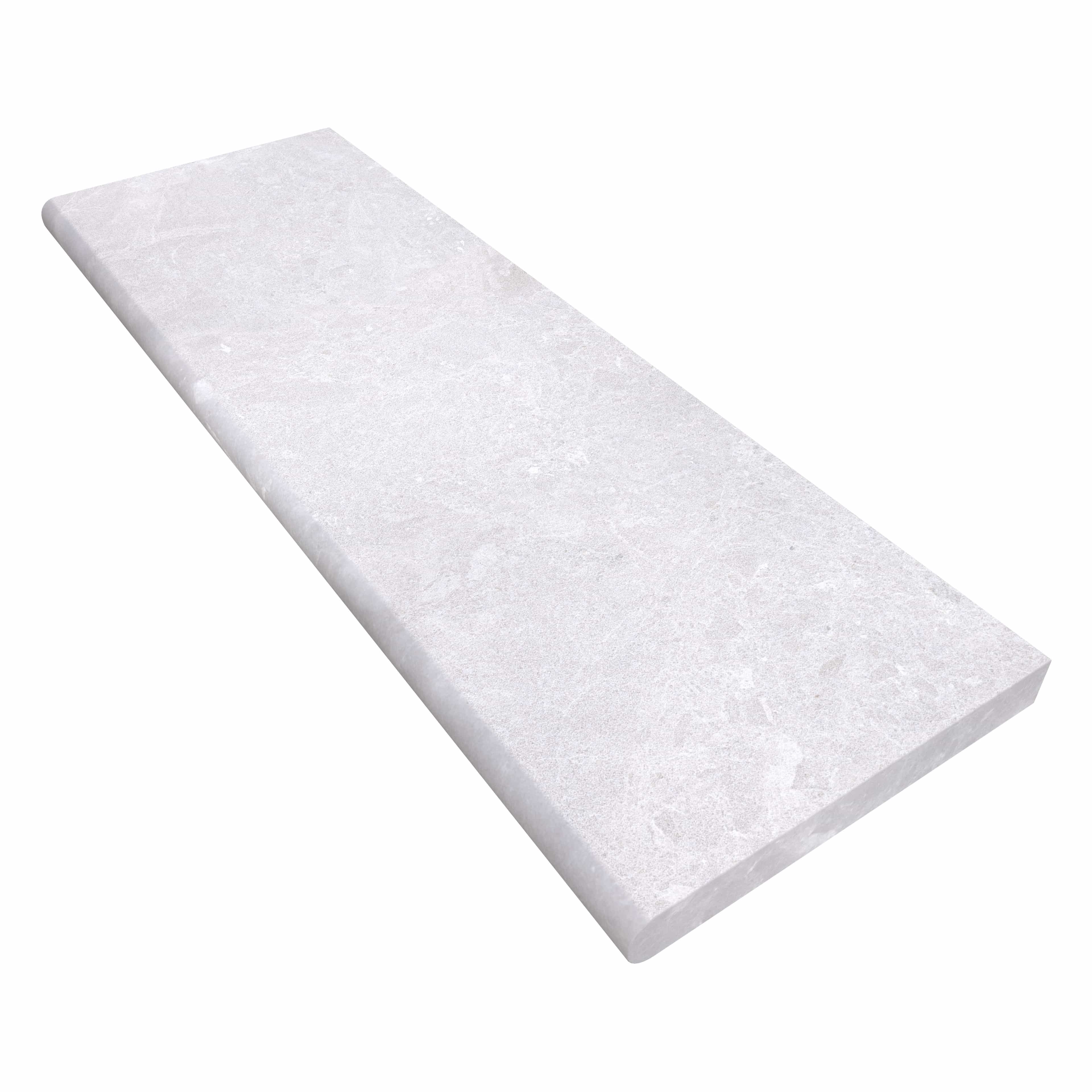 Pera Cream Marble Sand Blasted 16x48x2 Single Bullnose Coping, showcasing a smooth sandblasted marble texture with subtle veining. Ideal for pool edges or wall caps, this premium coping features a modern, seamless design with fewer joints. Perfect for ...