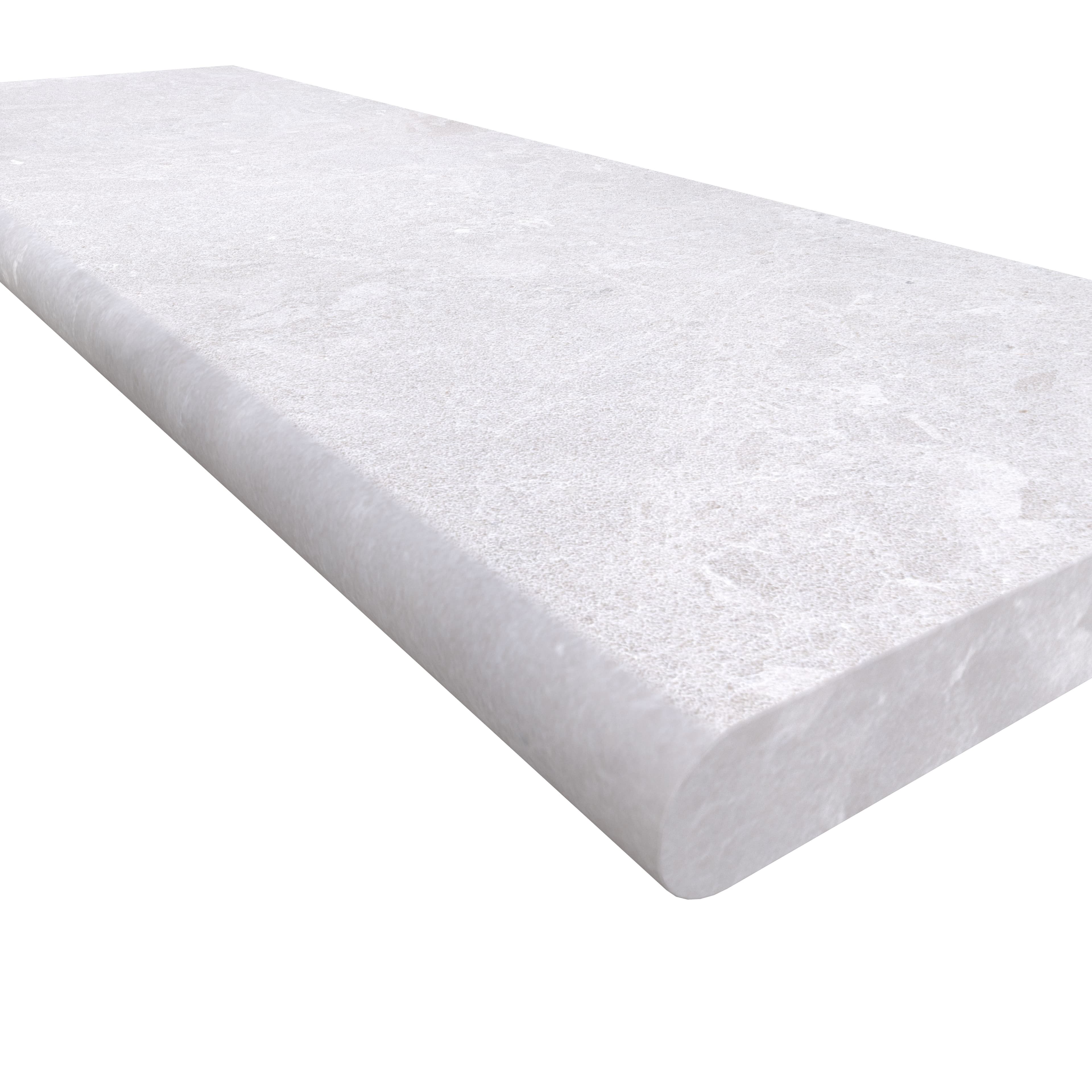 Close-up of the Pera Cream Marble Sand Blasted 16x48x2 Single Bullnose Coping, highlighting its smooth, sandblasted finish and subtle cream veining. The edge profile features a refined single bullnose, showcasing the marble's elegant texture and premiu...