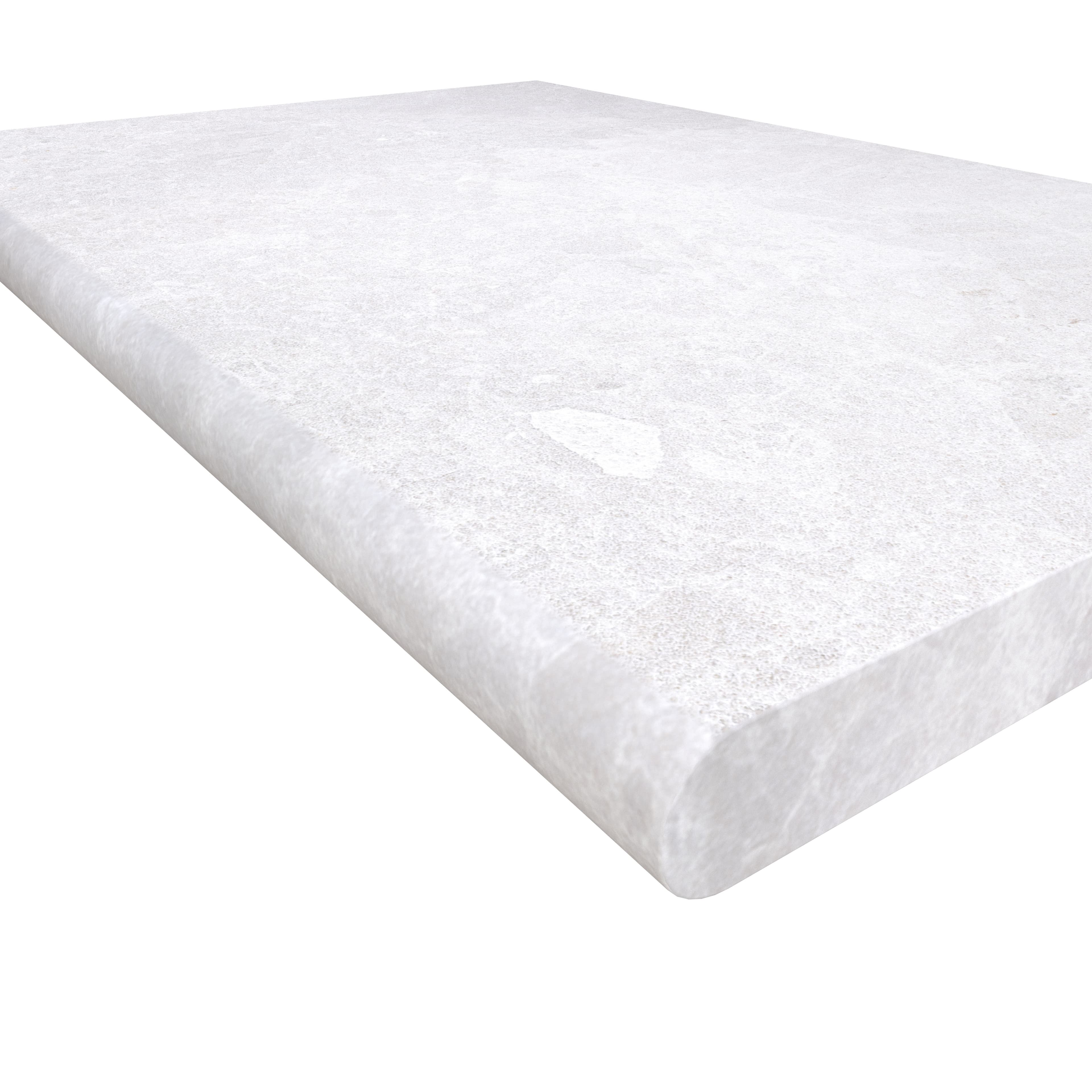 Close-up view of the Pera Cream Marble Sand Blasted 24x36x2 Single Bullnose Coping. The image highlights the smooth sandblasted finish, subtle cream color, and the rounded single bullnose edge, showcasing the quality and texture of the marble. Ideal fo...