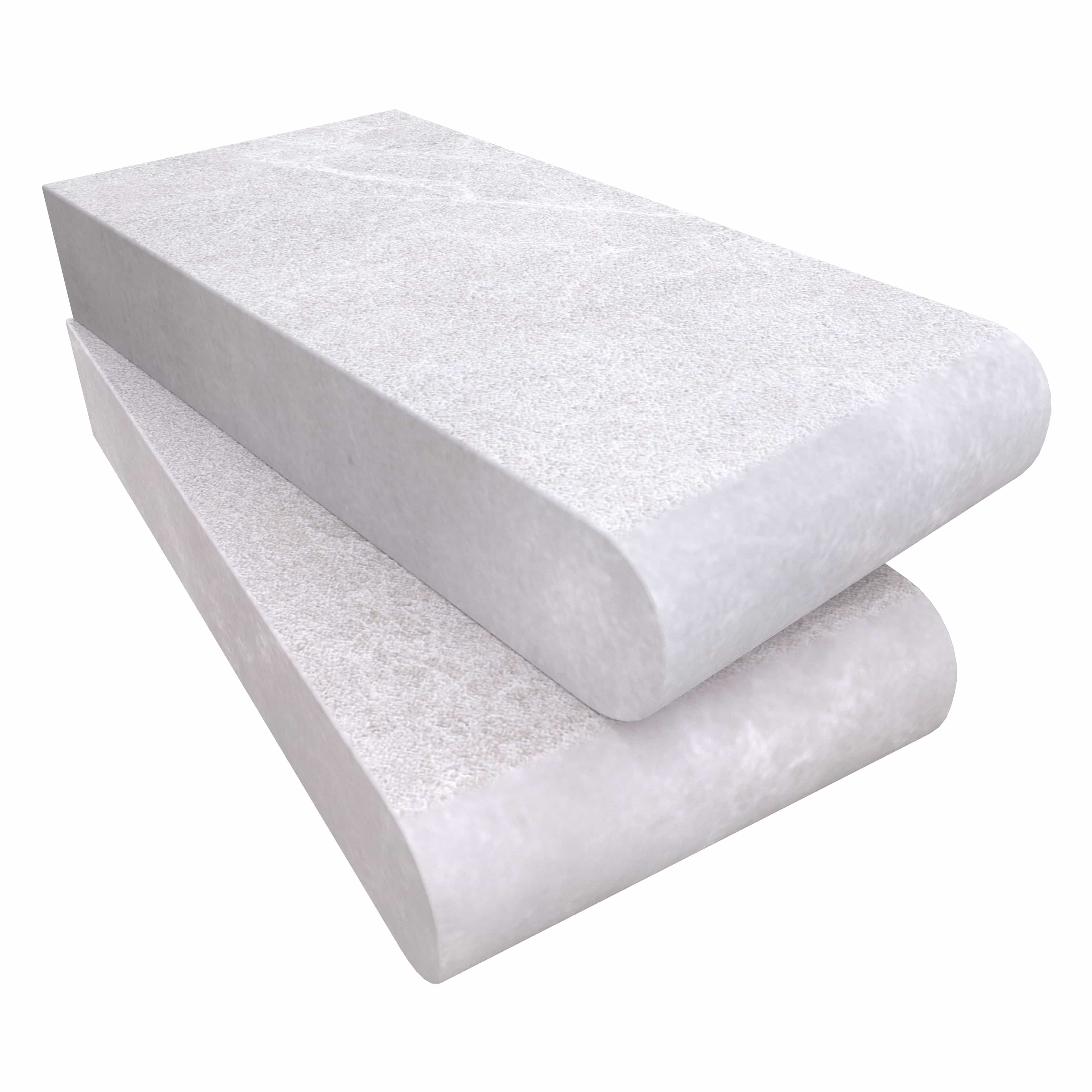 Close-up of Pera Cream Marble Sand Blasted 6x12x2 Single Bullnose Coping by STONELUX. The marble features a textured sandblasted finish in soft cream tones, highlighting its subtle veining. Ideal for pool edges, wall caps, and steps. SKU: COP-PERCREMAR...