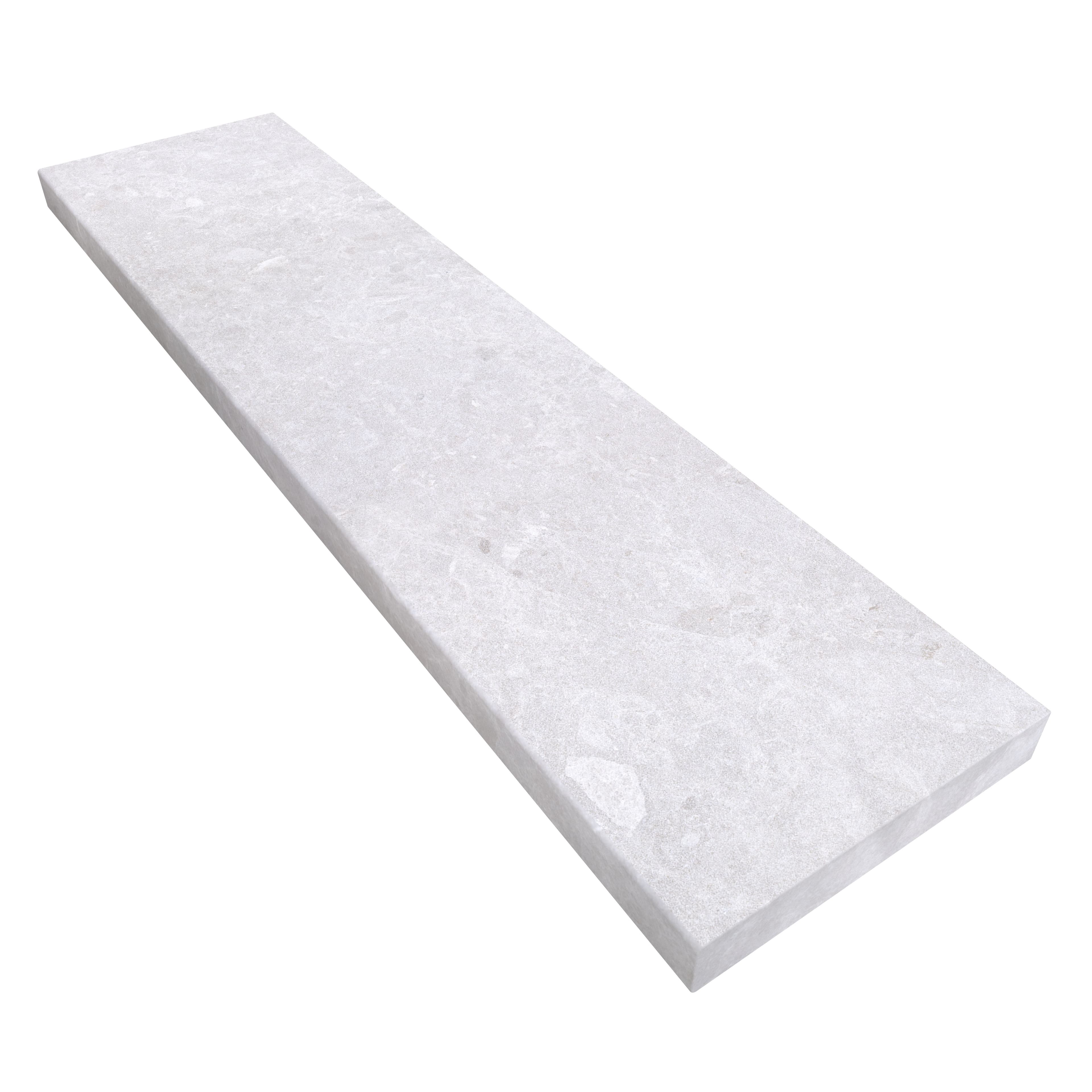 Close-up of Pera Cream Marble Sand Blasted 12x48x2 Eased Edge Coping. The marble's smooth, sandblasted finish showcases subtle cream hues and natural veining, ideal for elegant pool edges or wall caps. Premium quality by STONELUX.