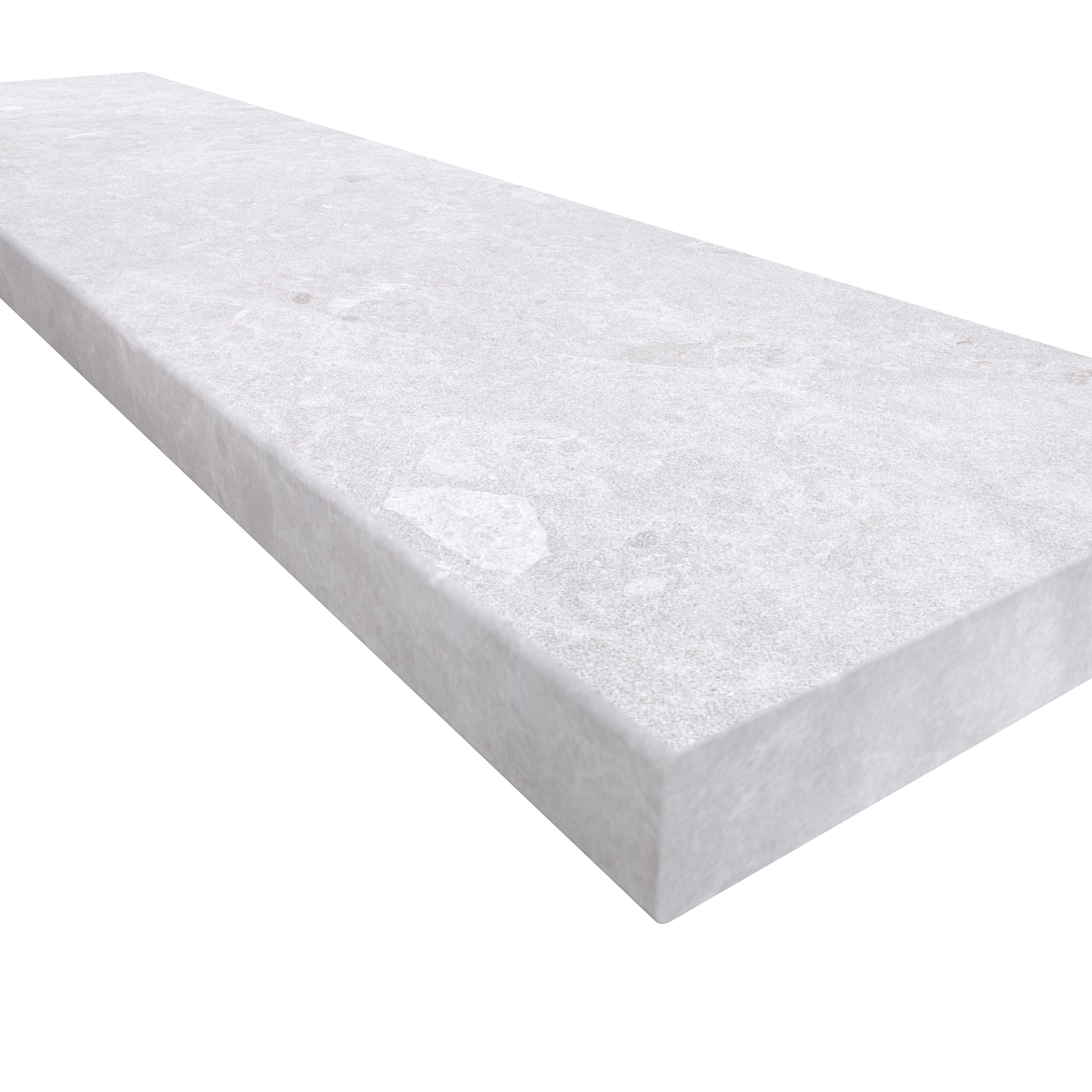 Close-up of the Pera Cream Marble Sand Blasted 12x48x2 Eased Edge Coping showcasing its smooth eased edge profile. The sandblasted marble surface reveals a creamy texture with subtle veining, emphasizing its natural elegance and premium quality. Ideal ...