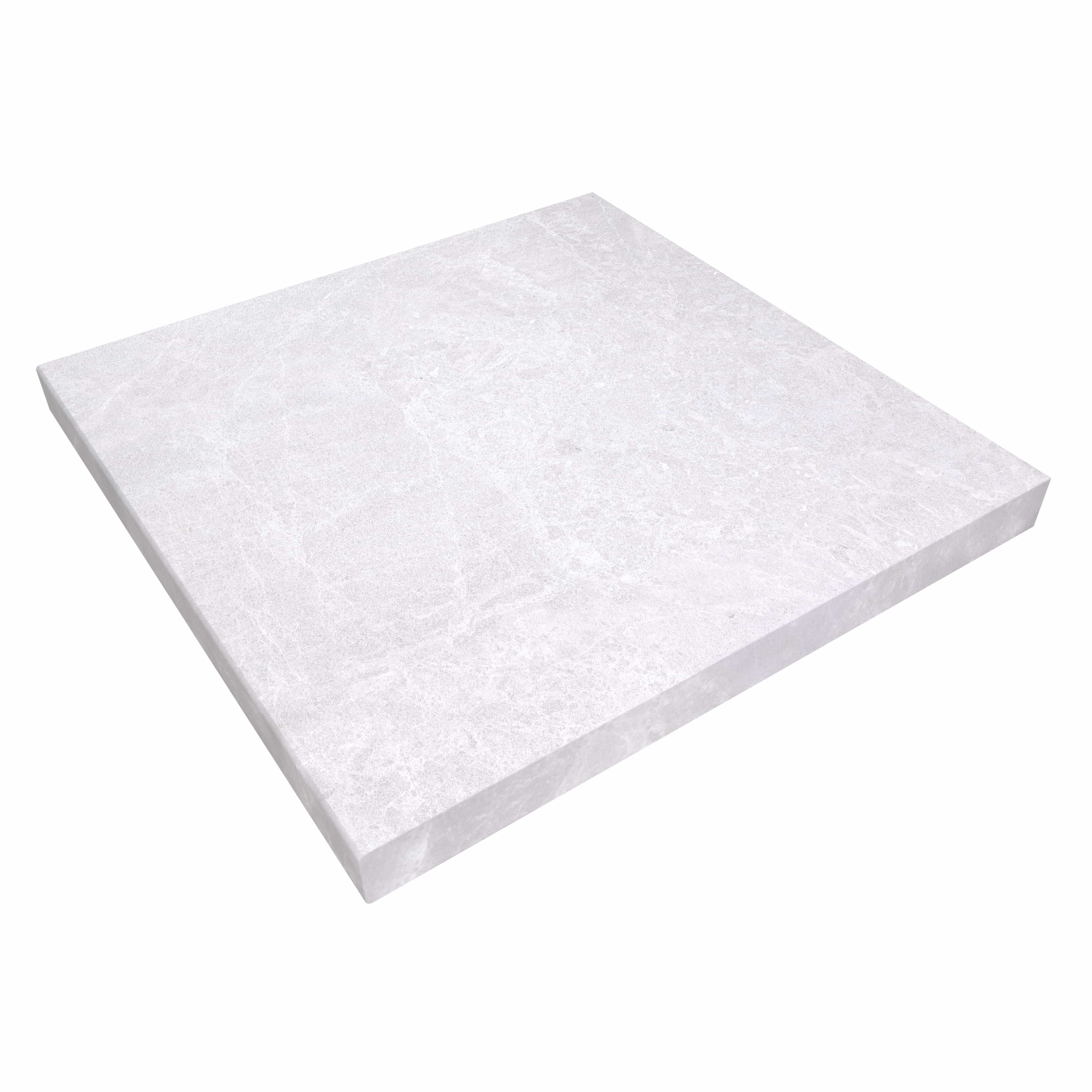 Close-up of STONELUX's Pera Cream Marble Sand Blasted 24x24x2 Four Side Eased Edge Cap. This marble piece features a sandblasted finish with subtle veining, ideal for pool edges or wall tops, offering a modern and elegant appearance in hardscape projects.