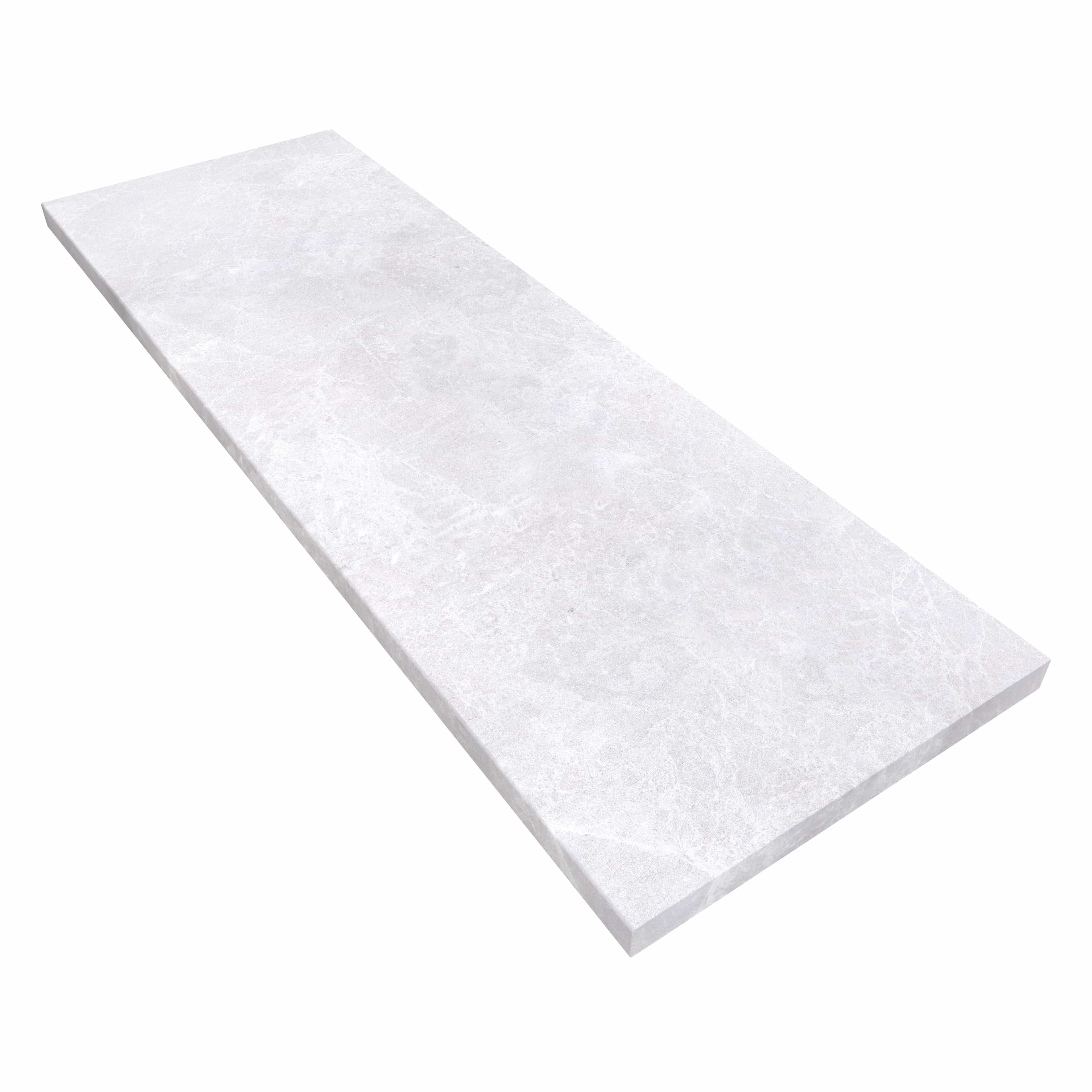 Close-up of the Pera Cream Marble Sand Blasted 24x72x2 Eased Edge Tread. This premium marble features a soft cream hue with subtle veining and a textured sandblasted finish, ideal for pool coping or steps. Perfect for modern outdoor designs.