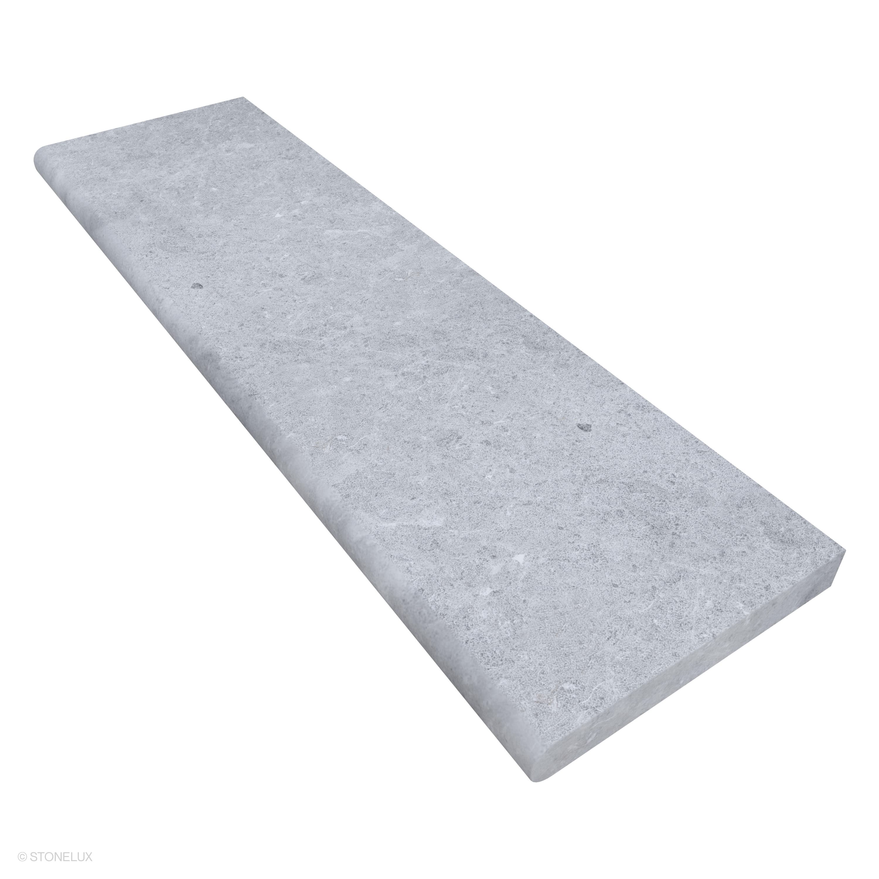 Tundra Grey Marble Sand Blasted 14x48x2 Single Bullnose Coping by STONELUX, showcasing a smooth, sandblasted surface with subtle grey veining. Ideal for pool edges or steps, this marble coping piece enhances modern outdoor designs with its sleek, durab...