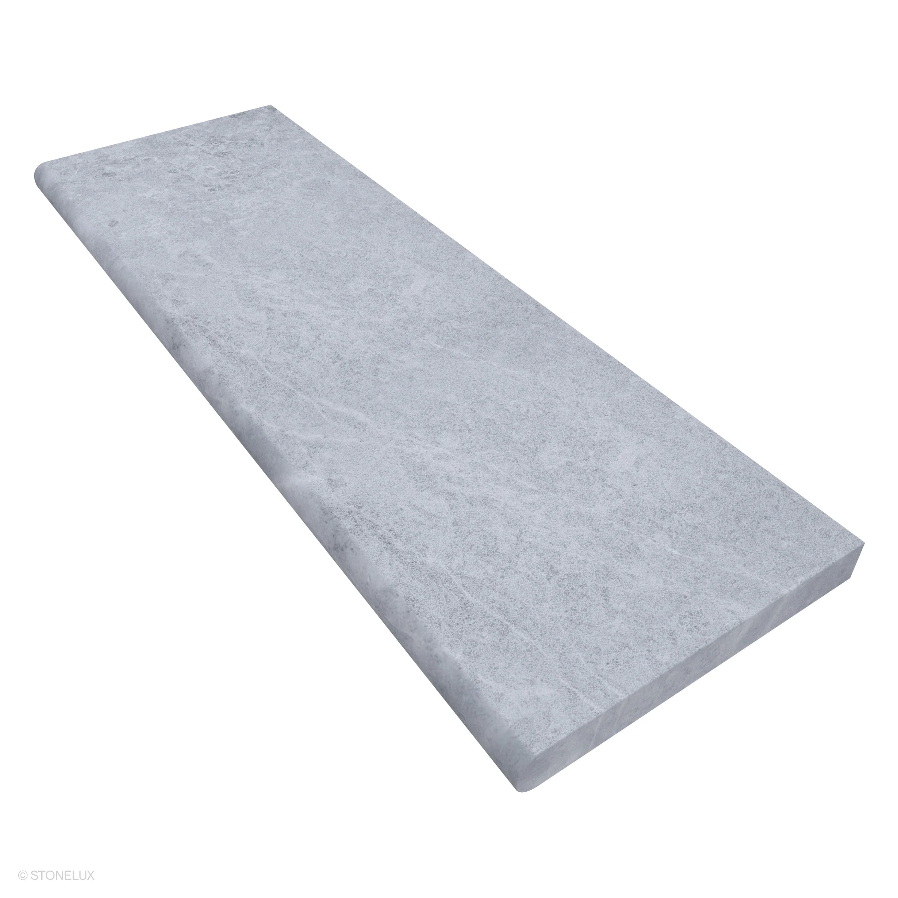 Tundra Grey Marble Sand Blasted 16x48x2 Single Bullnose Coping by STONELUX. The marble piece features a sandblasted finish with subtle grey veining, ideal for pool edges or wall caps. Its sleek, modern design provides a seamless, elegant look.