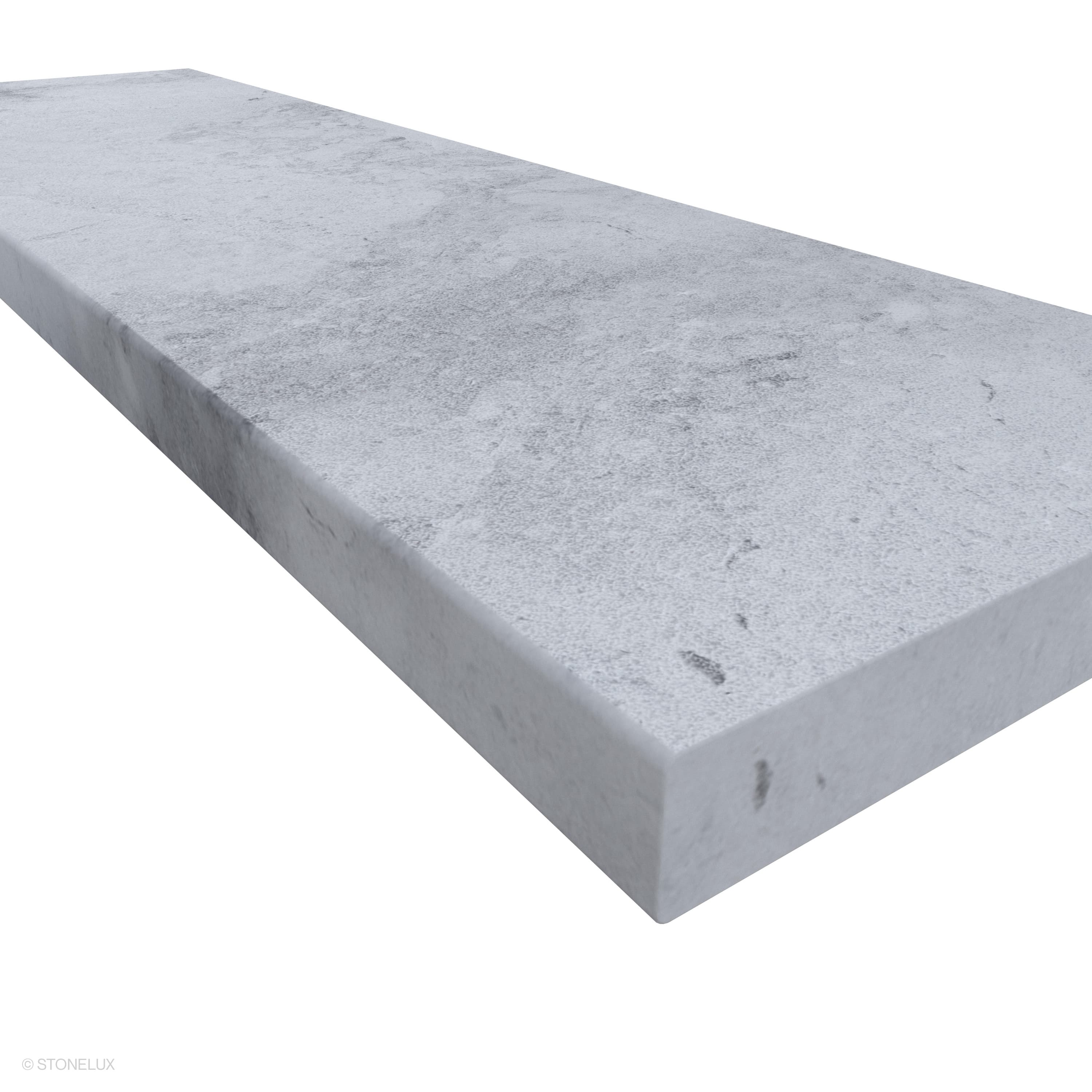 Close-up of Tundra Grey Marble Sand Blasted 14x48x2 Eased Edge Coping, showcasing its textured sandblasted finish and subtle grey veining. The 2-inch thick marble piece highlights an eased edge, ideal for pool coping or wall caps.