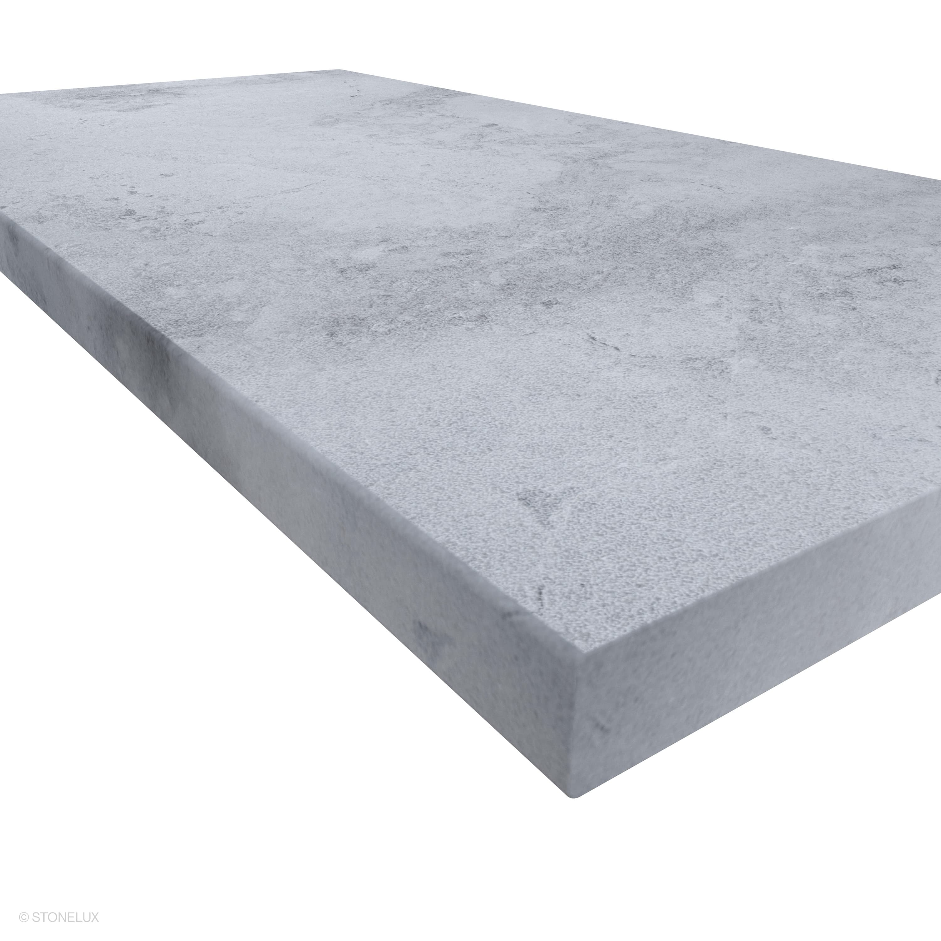 Close-up of Tundra Grey Marble Sand Blasted 24x48x2 Eased Edge Coping by STONELUX. Features a textured sandblasted surface with subtle grey veining, highlighting the 2-inch thickness and smooth eased edge profile, ideal for pool and wall cap applications.