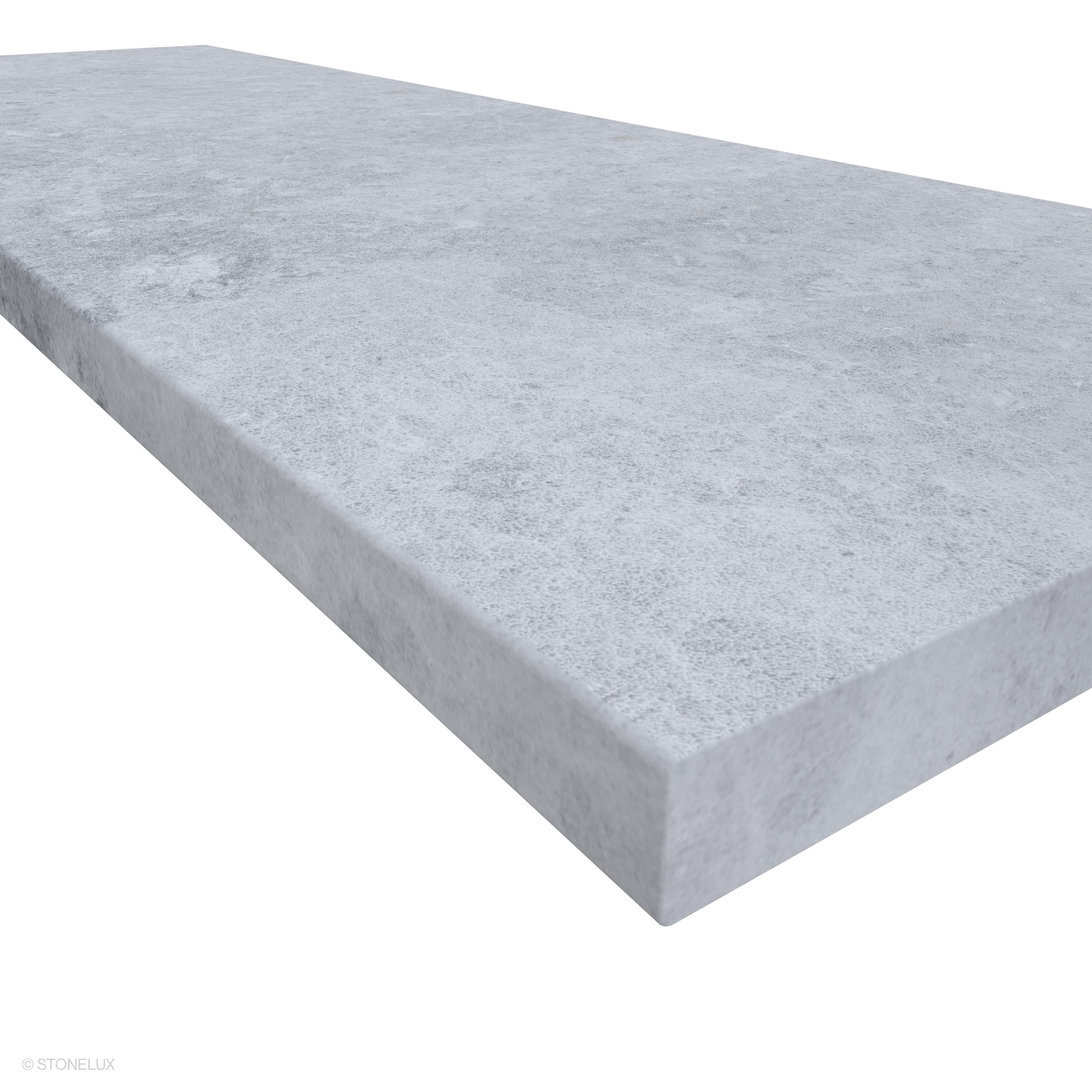 Close-up of Tundra Grey Marble Sand Blasted 24x72x2 Eased Edge Tread by STONELUX. The image highlights the sandblasted texture and subtle grey veining on the marble surface, showcasing the eased edge profile and 2-inch thickness, ideal for pool coping ...