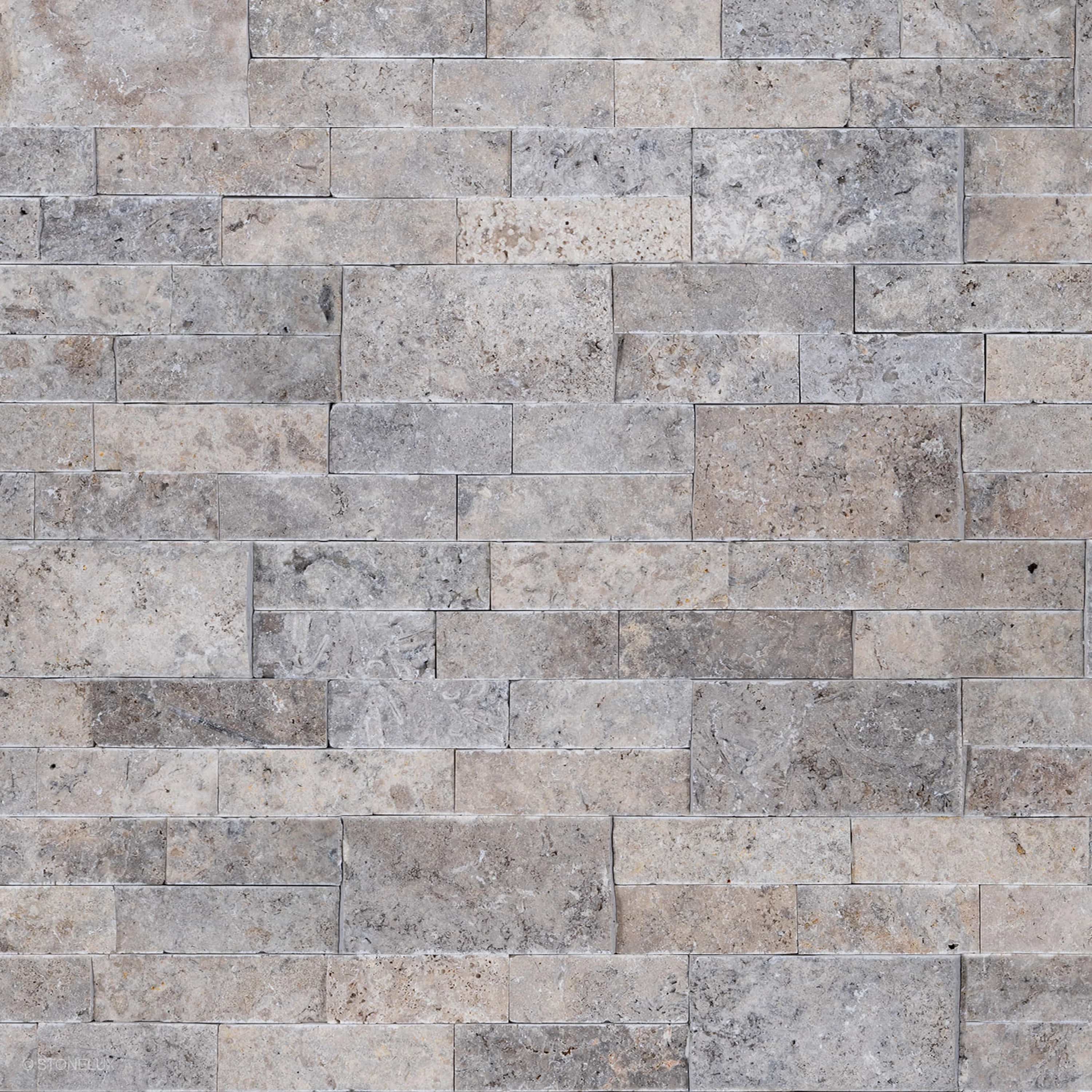 Close-up of Silver Travertine Splitface Ledger Panel in 6x24 size, showcasing natural travertine texture with varied gray tones and veining. The splitface finish adds depth and dimension, ideal for veneer wall installations. SKU: LP-SILTRA-SF-6x24-FLAT.