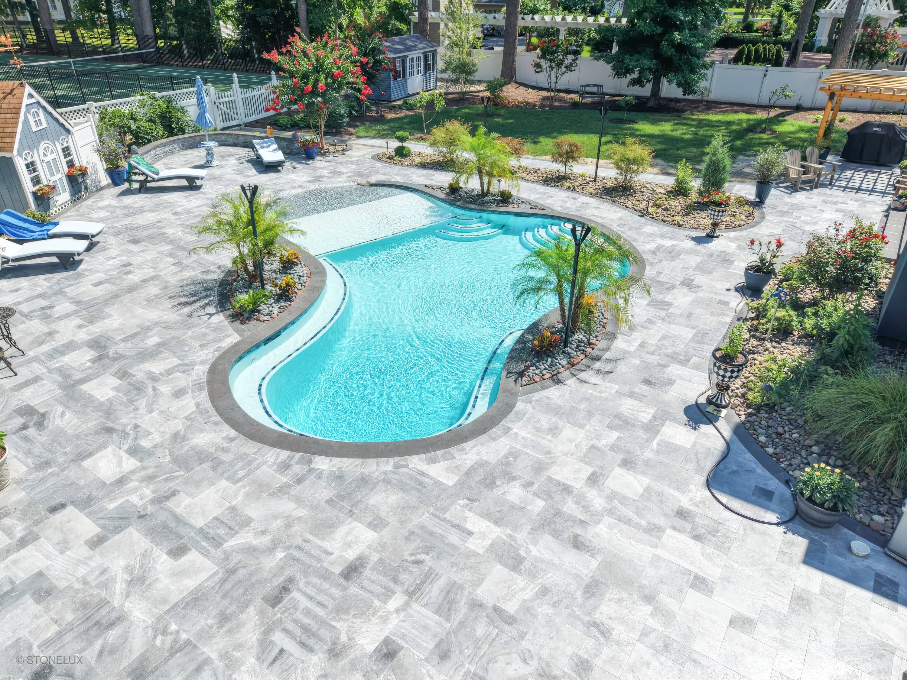 Aegean Grey Marble Pool Retreat with Black Basalt Coping