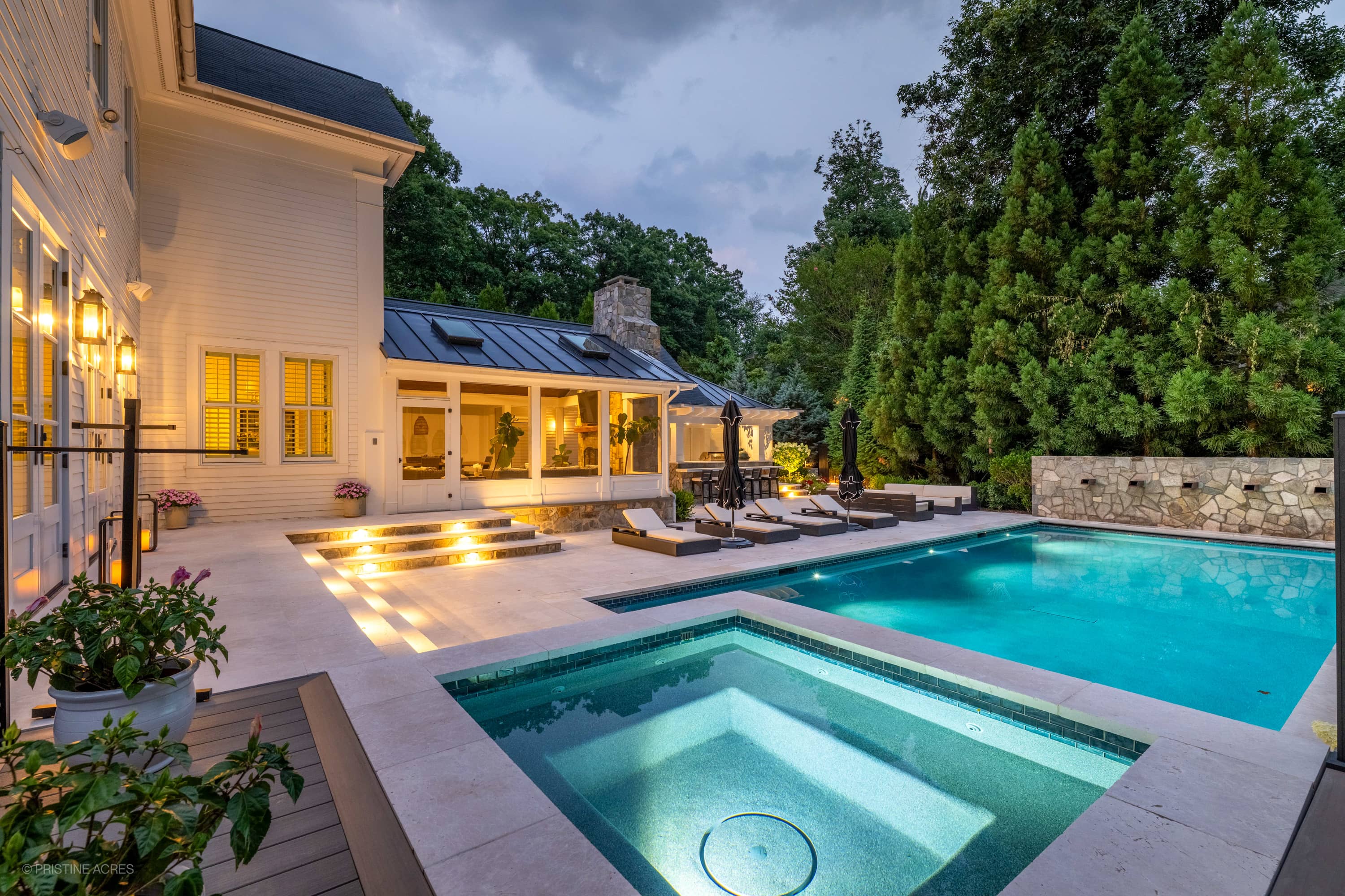 Pera Cream Marble Pool and Spa with a Shared Coping Edge